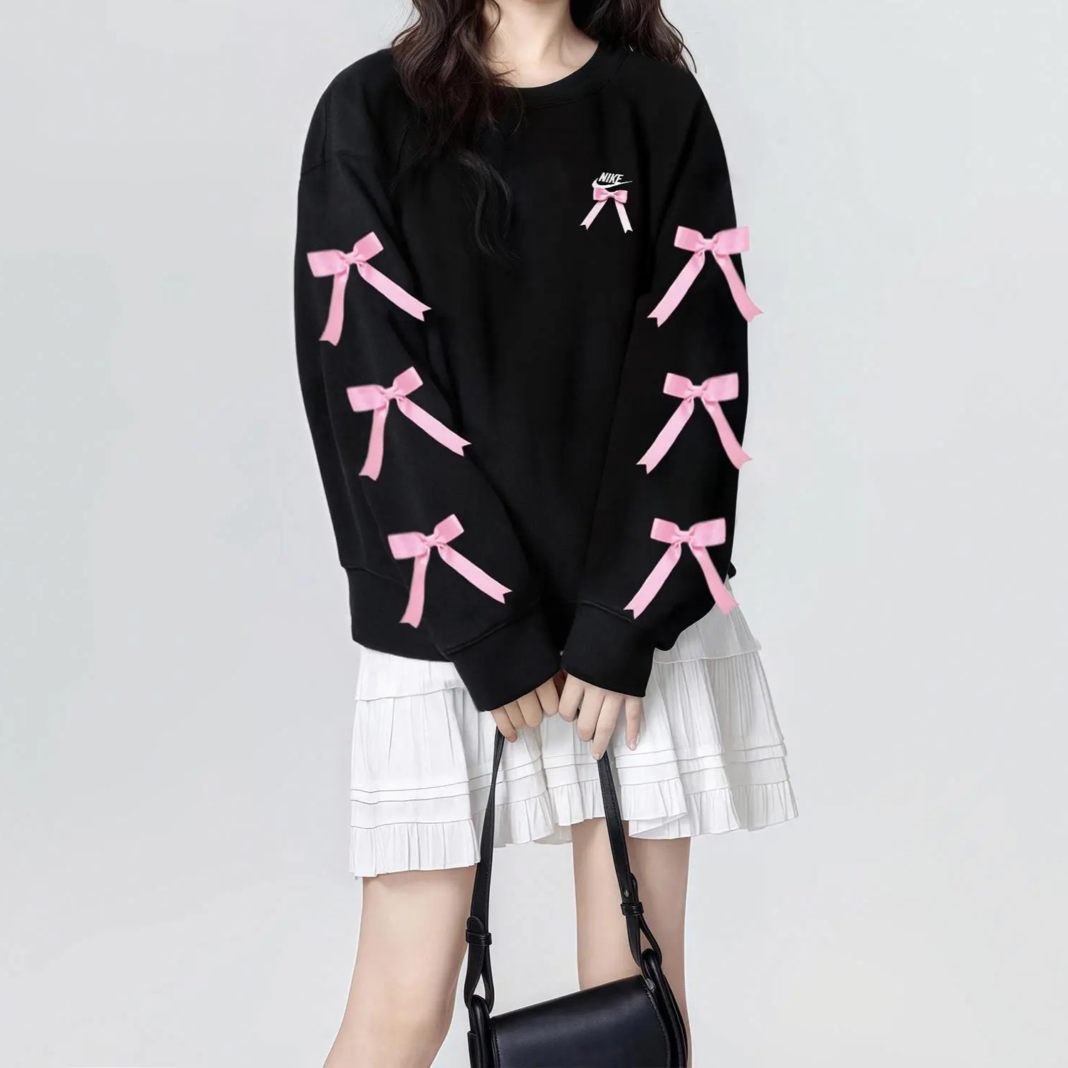 Custom Embroidery Nike Sweatshirt Black With Pink Bows