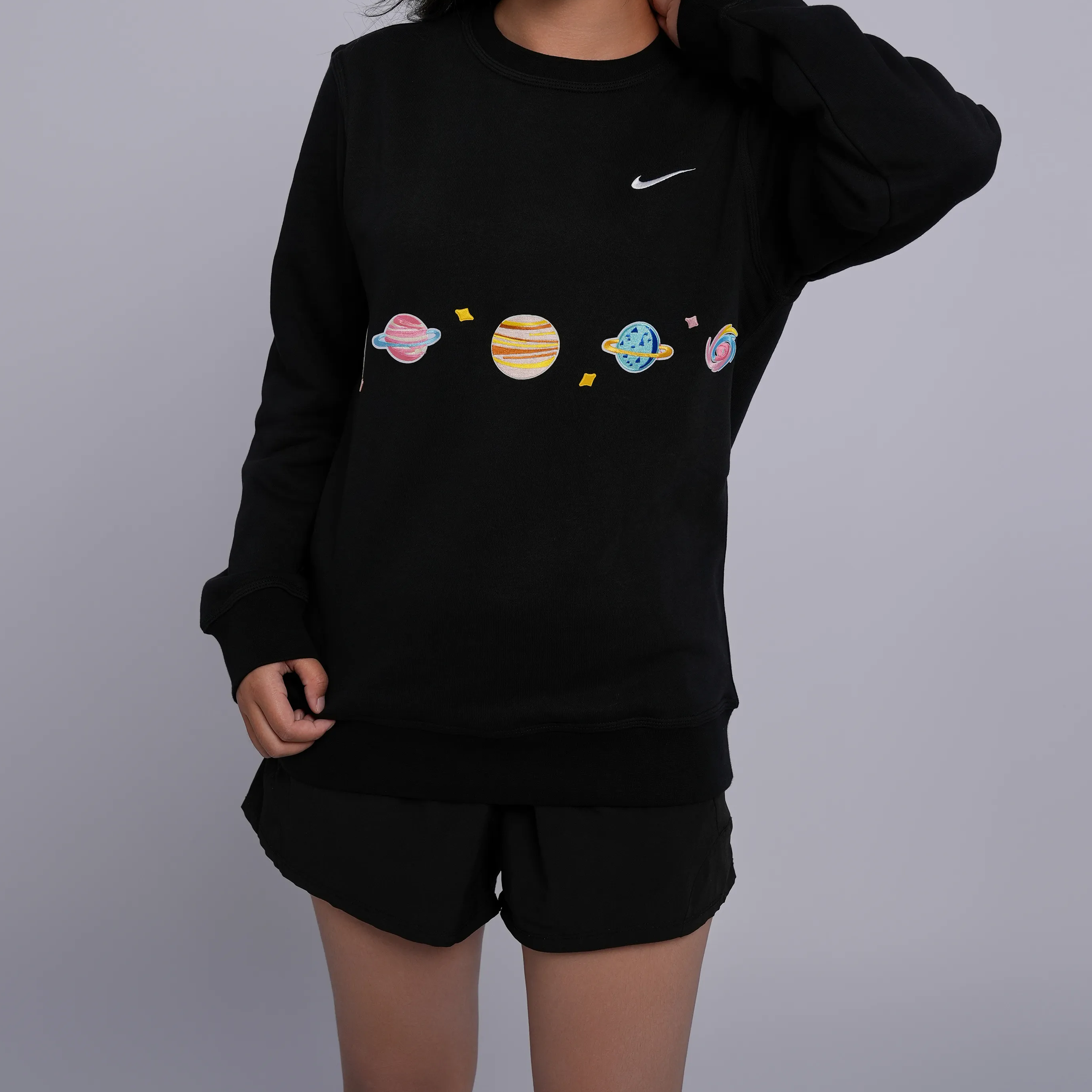 Custom Nike Sweatshirt Black Colorful Planets Design