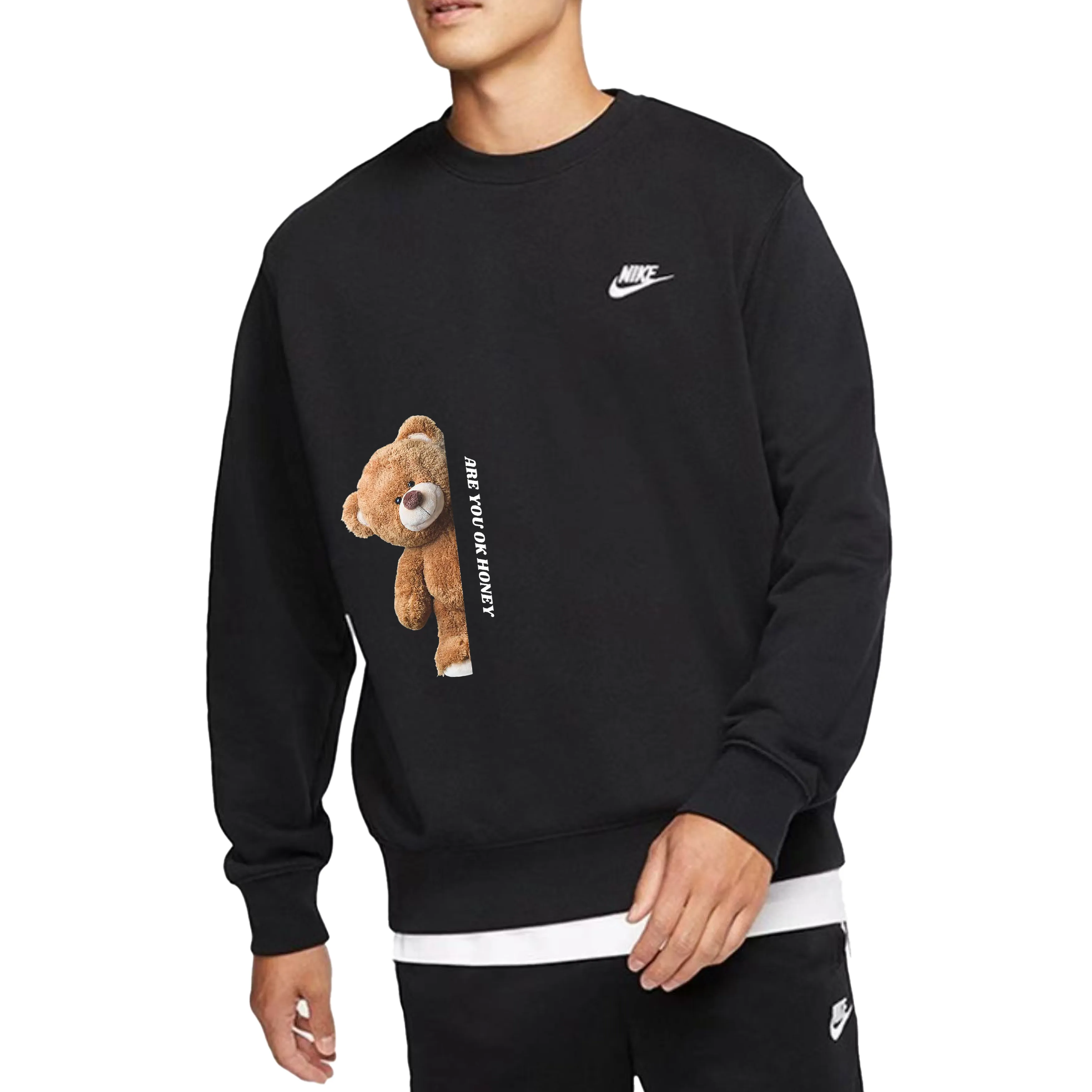 Custom Nike Sweatshirt Black Khaki Teddy Bear