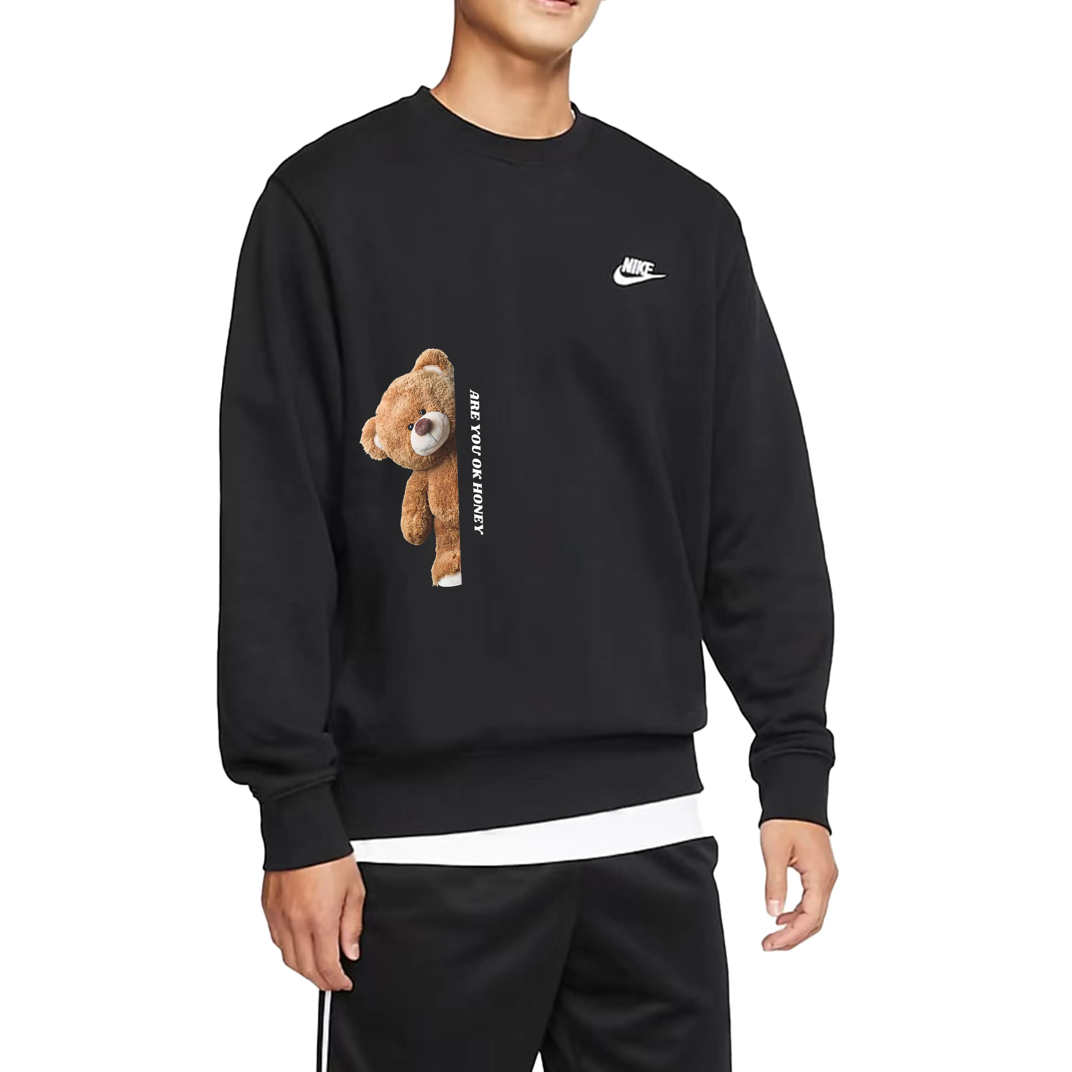 Custom Nike Sweatshirt Black Khaki Teddy Bear