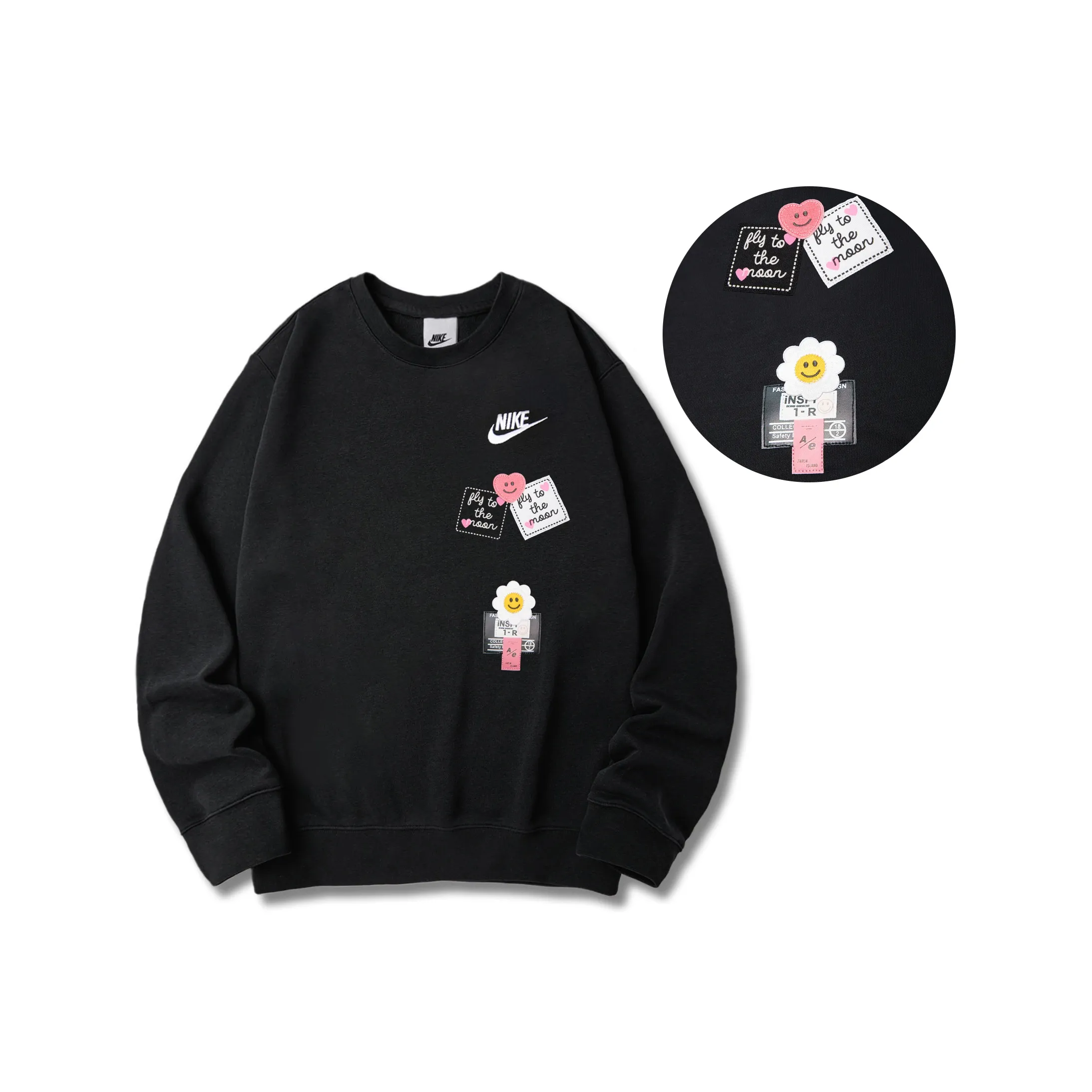 Custom Nike Sweatshirt Black With Heart Flower Patterns