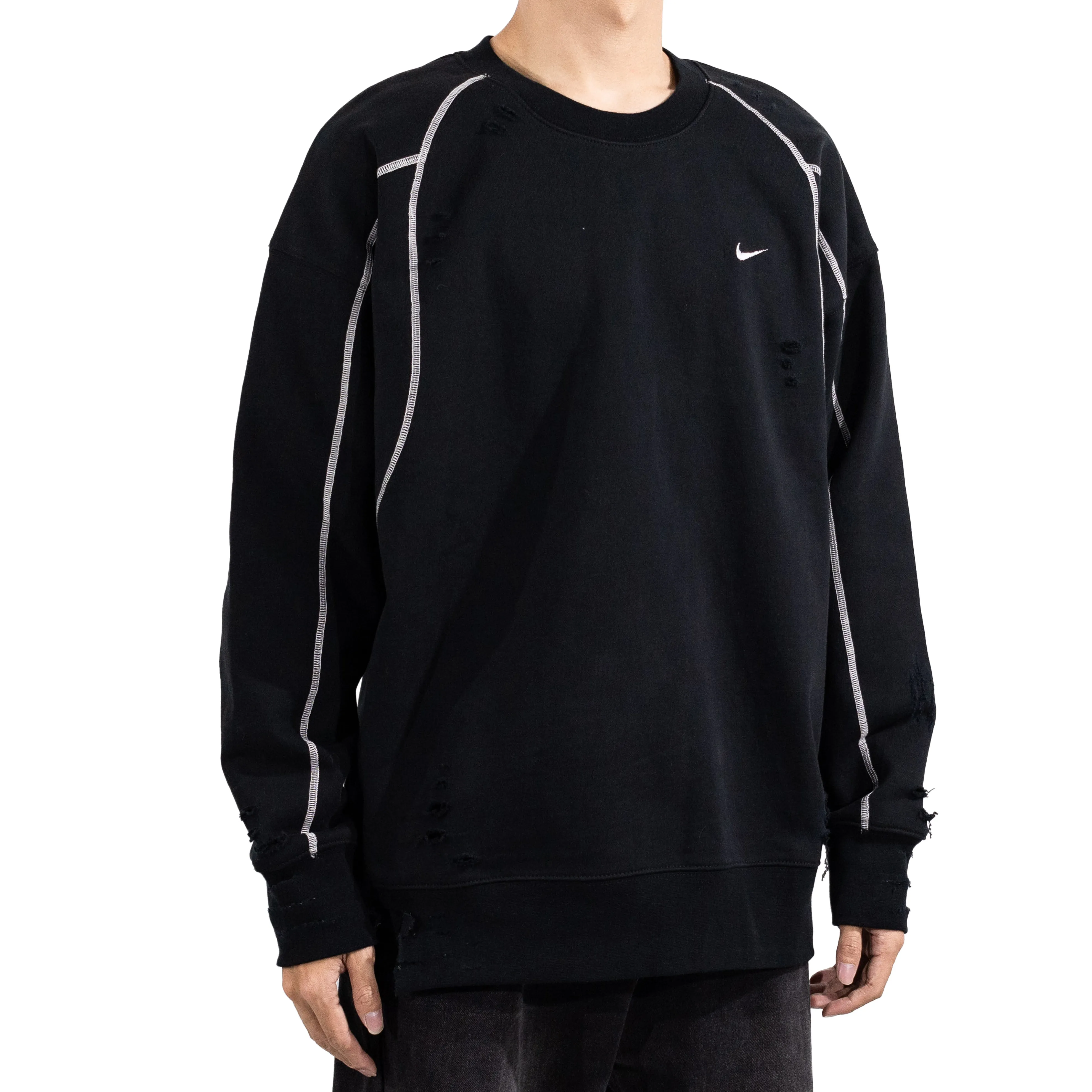 Custom Nike Sweatshirt Black With Ripped Details And White Stitching