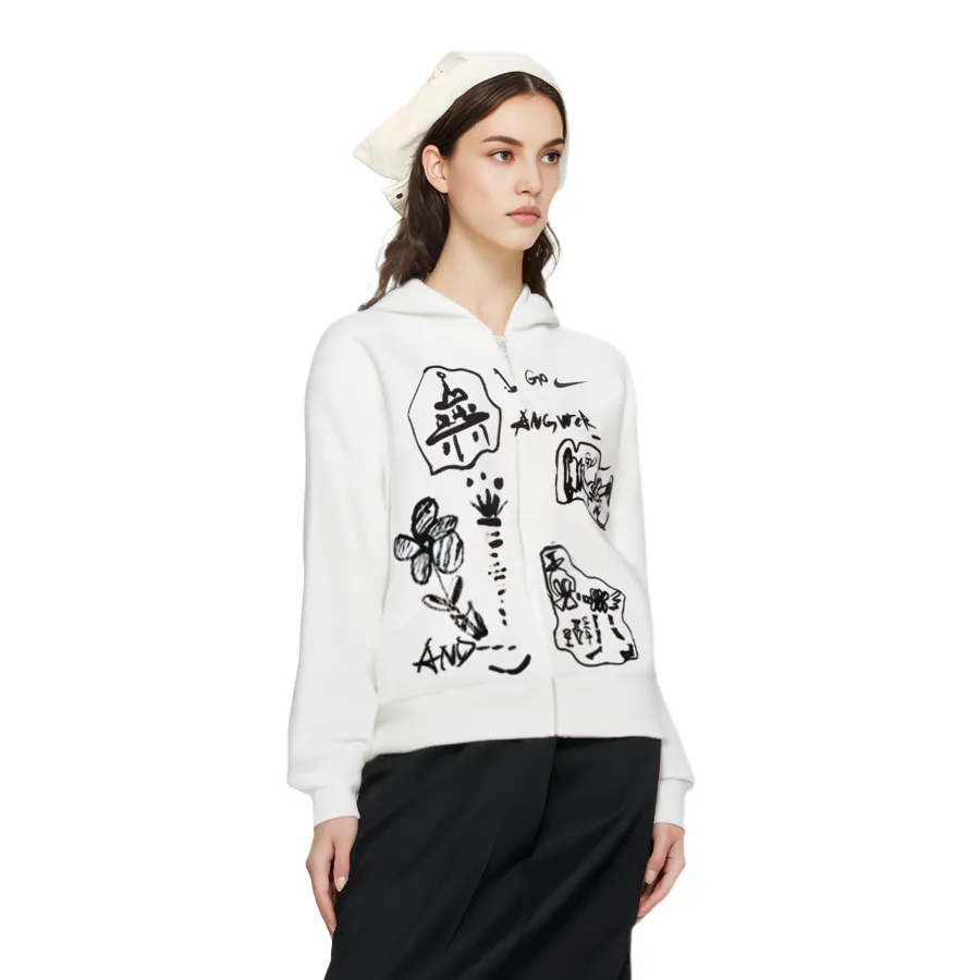 Custom Nike Sweatshirt White With Black Sketchy Patterns And Mickey - like Skeleton Design