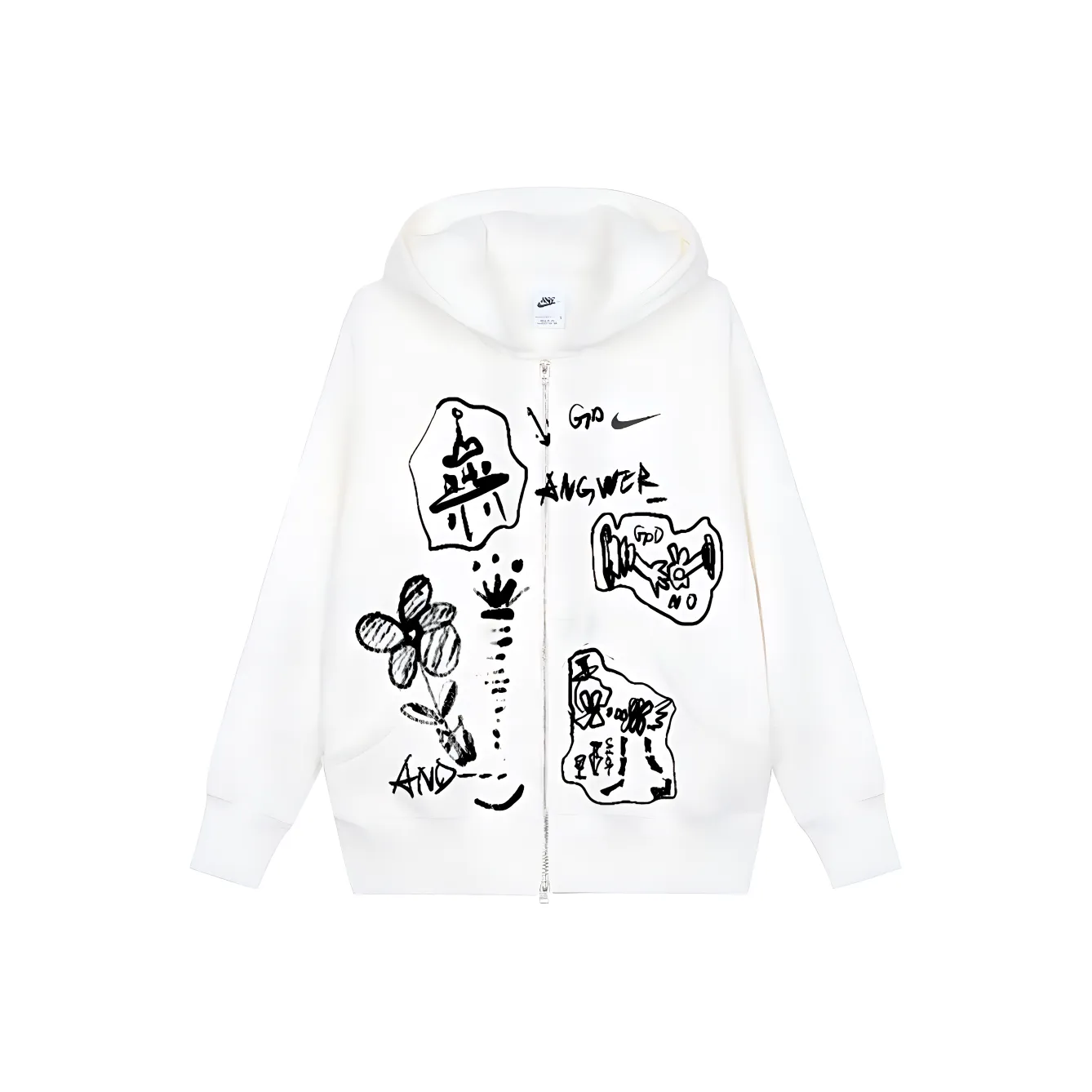 Custom Nike Sweatshirt White With Black Sketchy Patterns And Mickey - like Skeleton Design