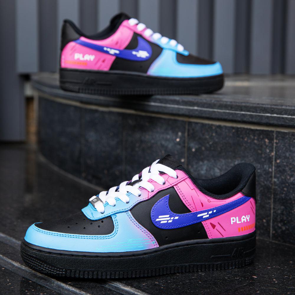 Cyberpunk Pink Blue Black Air Force 1s Custom Shoes Sneakers-shecustomize