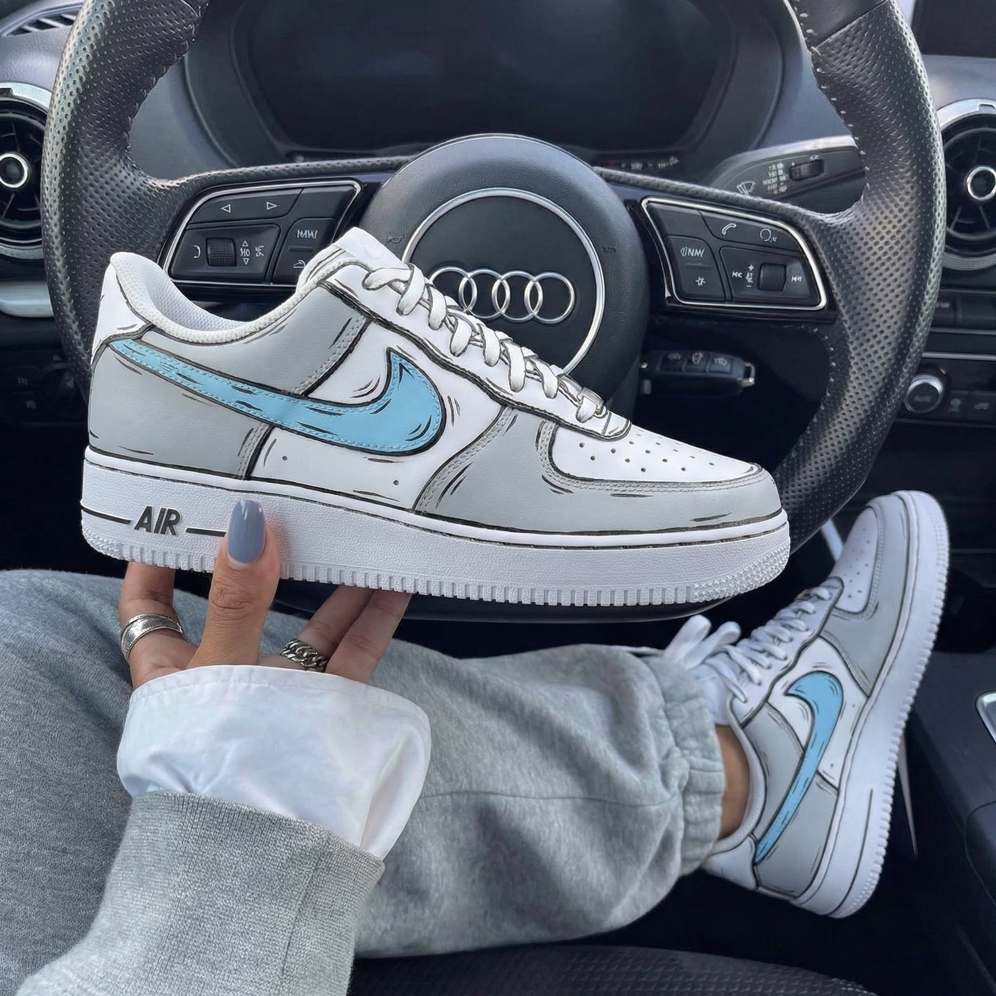 Gray Baby Blue Comic Style Custom Air Force 1-shecustomize