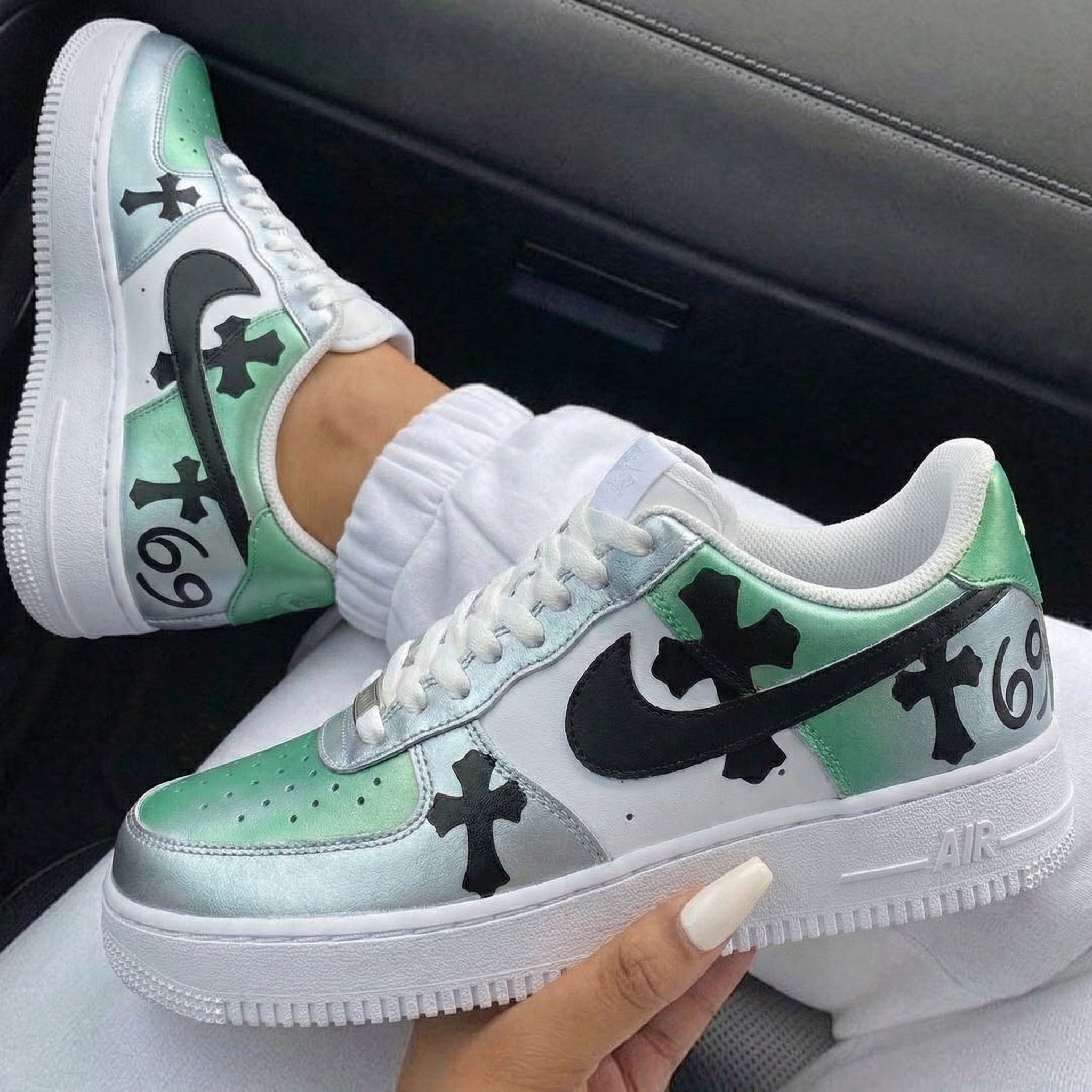 Green Silver With Black Crosses Custom Air Force 1-shecustomize
