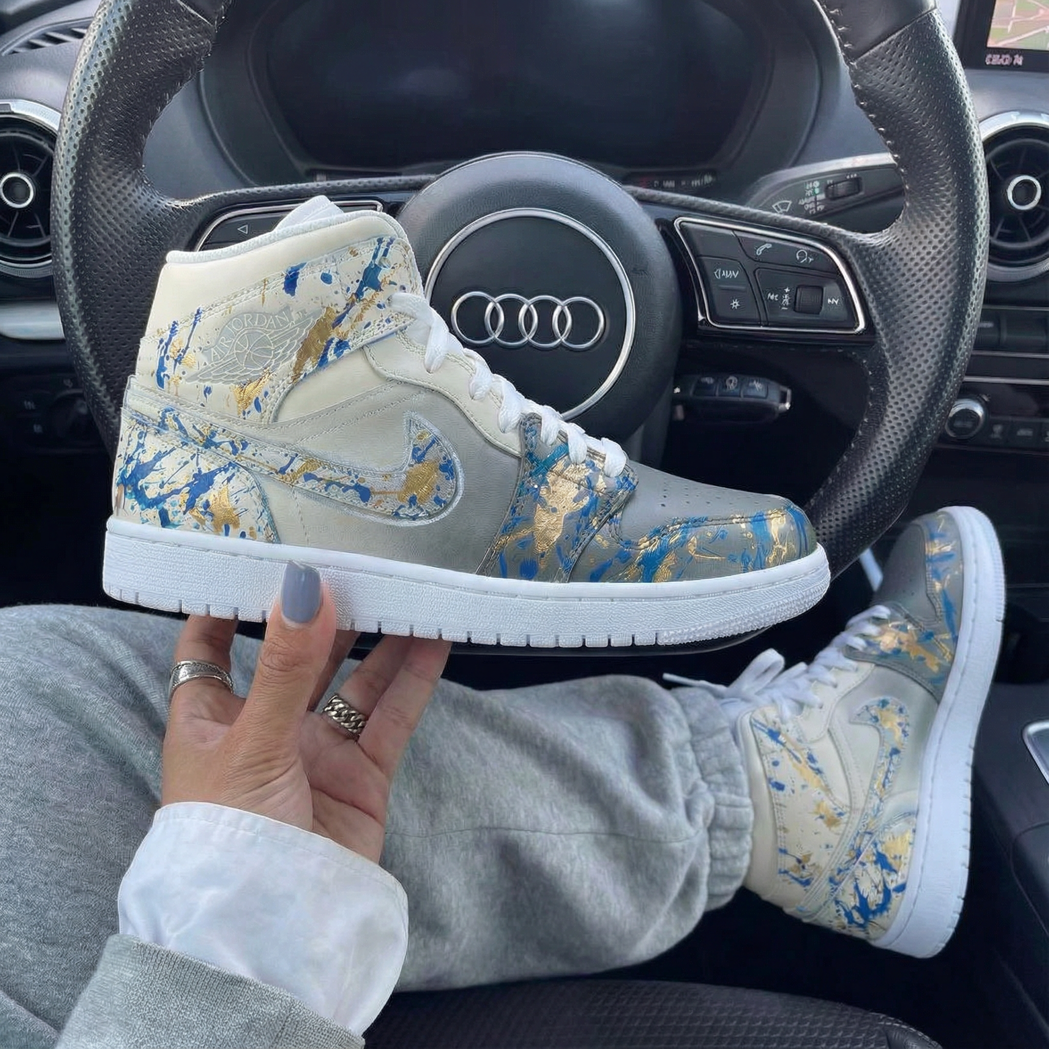 Grey Beige Blue Gold Splatter Custom Air Jordan 1-shecustomize