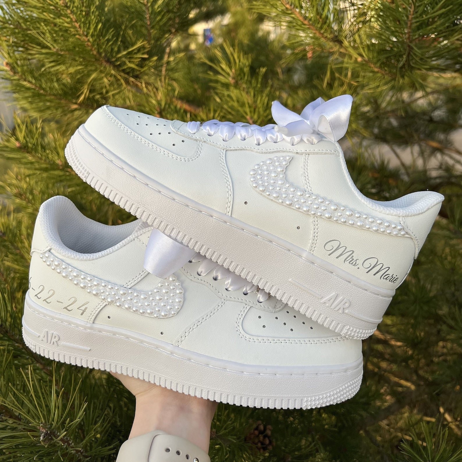 Pearl Ribbon Bridal Wedding Shoes Custom Air Force 1-shecustomize
