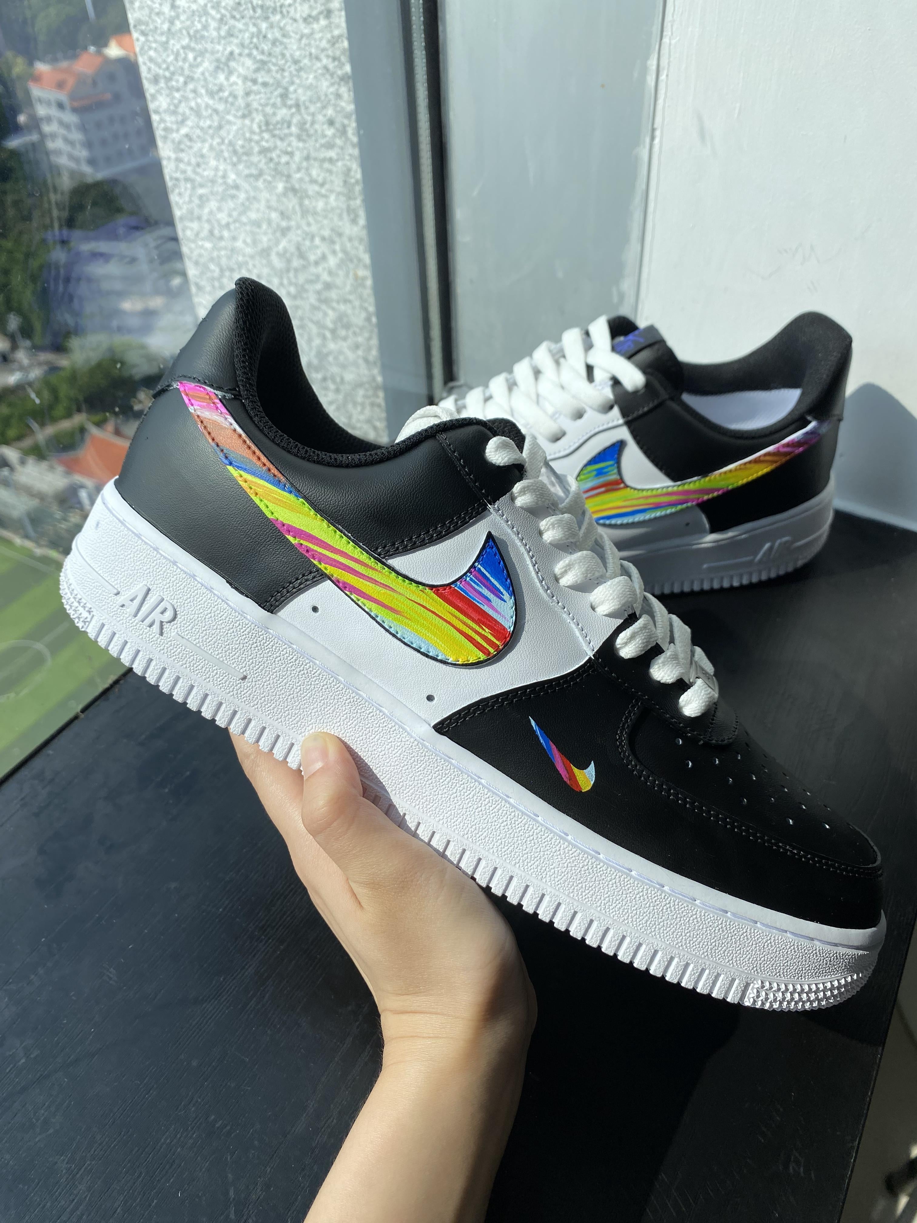 Custom Air Force 1 Black White With Rainbow Stripes Design