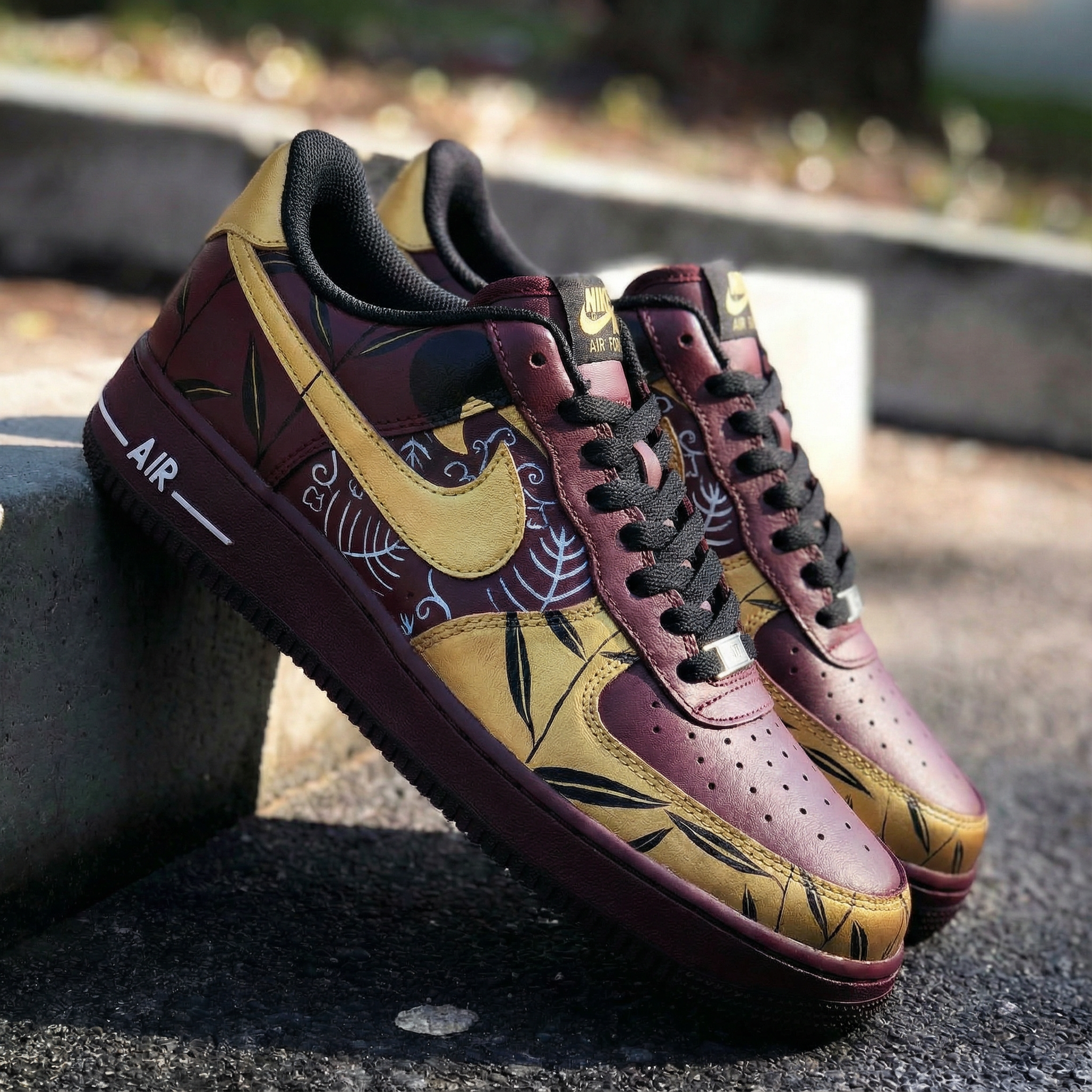 Maroon Gold Leaf Pattern Custom Air Force 1-shecustomize