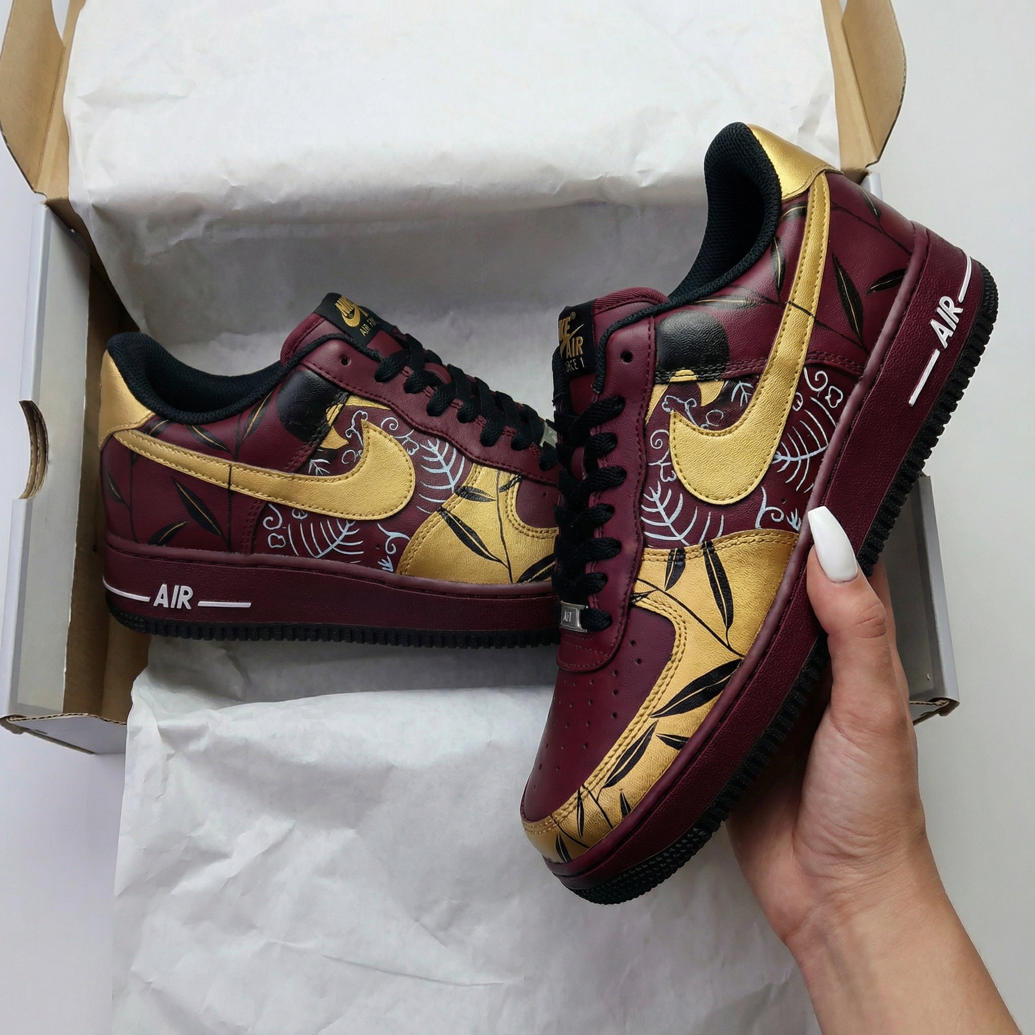 Maroon Gold Leaf Pattern Custom Air Force 1-shecustomize