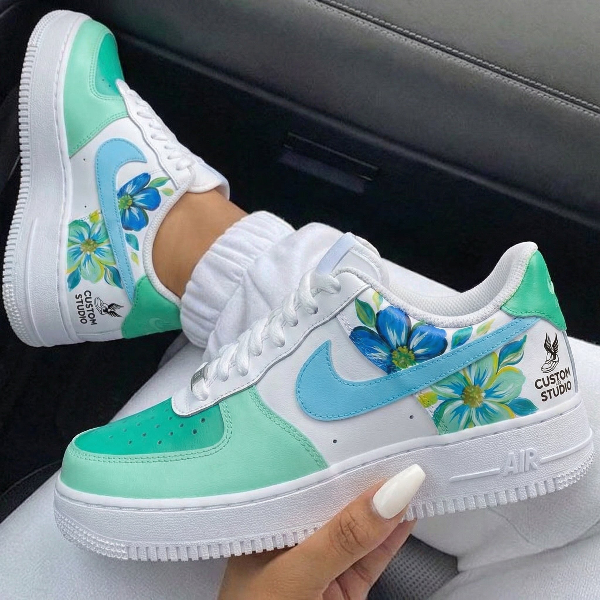 Mint Green Baby Blue Flowers Custom Air Force 1-shecustomize
