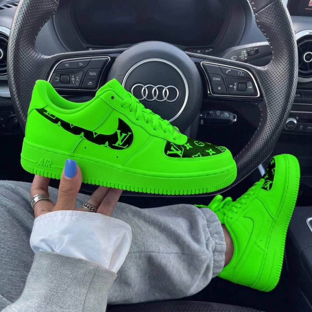 Neon Green Black LV Custom Air Force 1-shecustomize