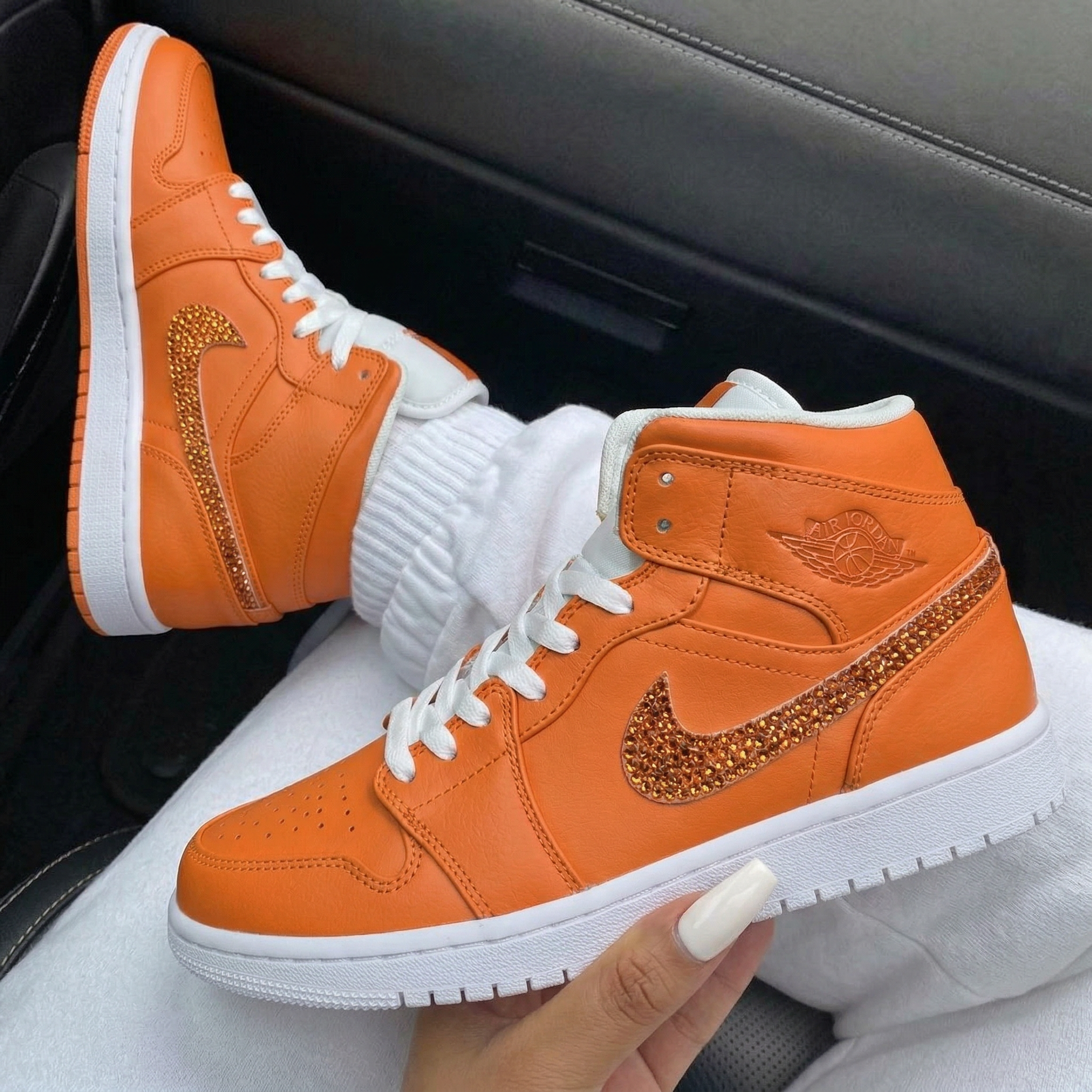 Orange And White Rhinestone Swoosh Custom Air Jordan 1-shecustomize