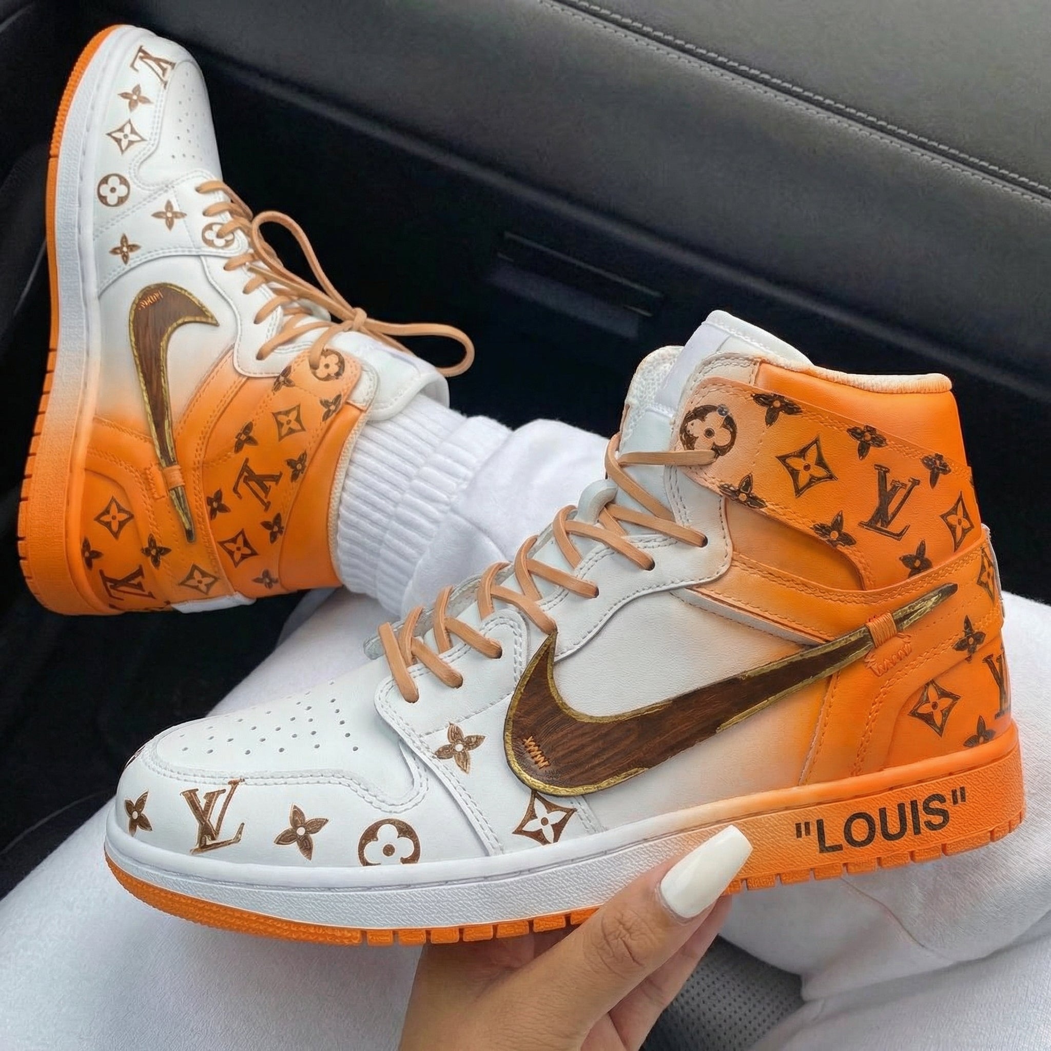 Orange White LV Pattern Custom Air Jordan 1-shecustomize