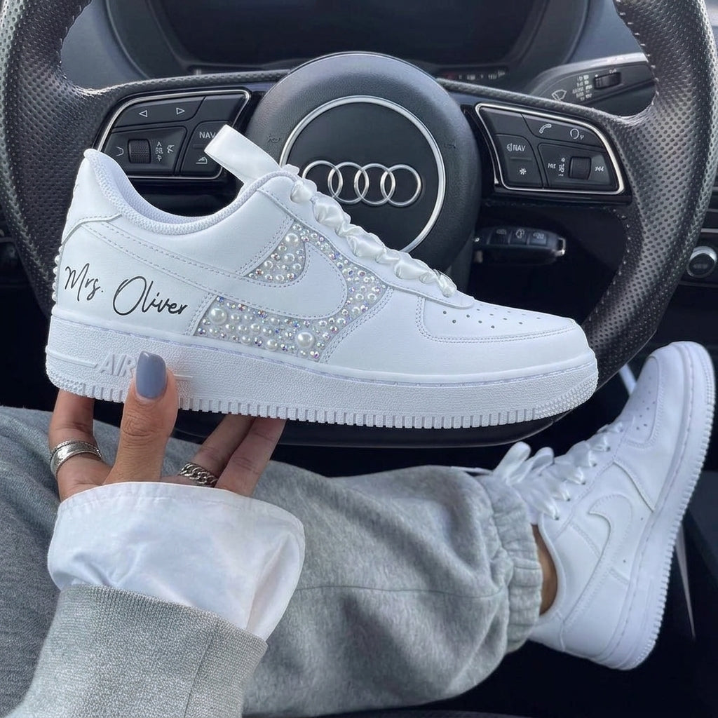 Pearl Crystal Script Custom Air Force 1 Weeding Shoes