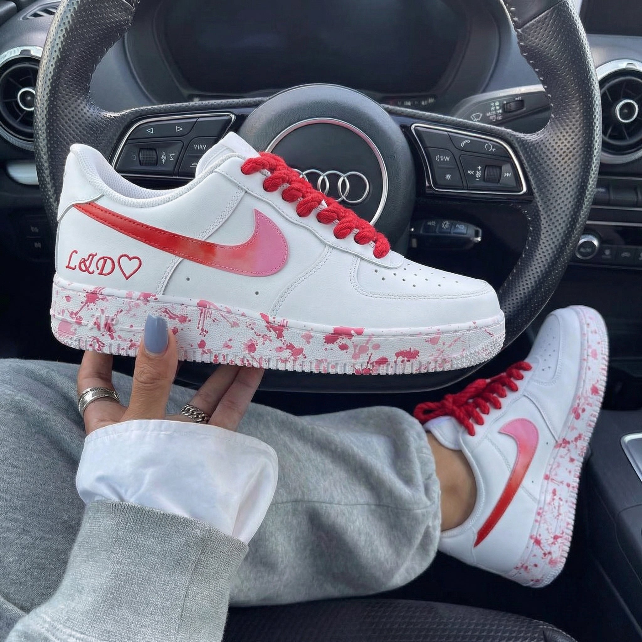 Red Baby Pink Splatter Gradient Swoosh Love Lettering Custom Air Force 1-shecustomize