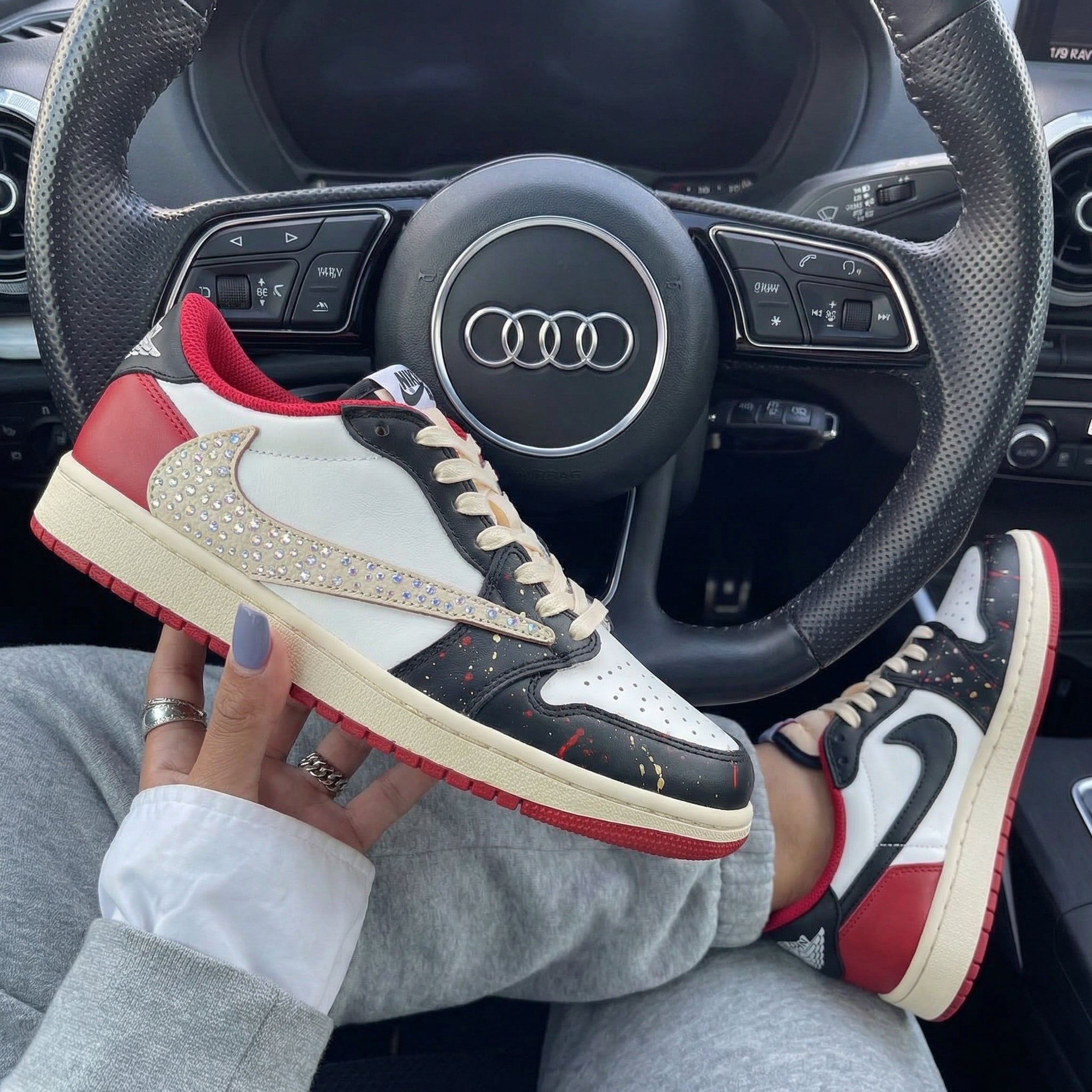 Red Black White Rhinestone Travis Scott Custom Air Jordan 1-shecustomize