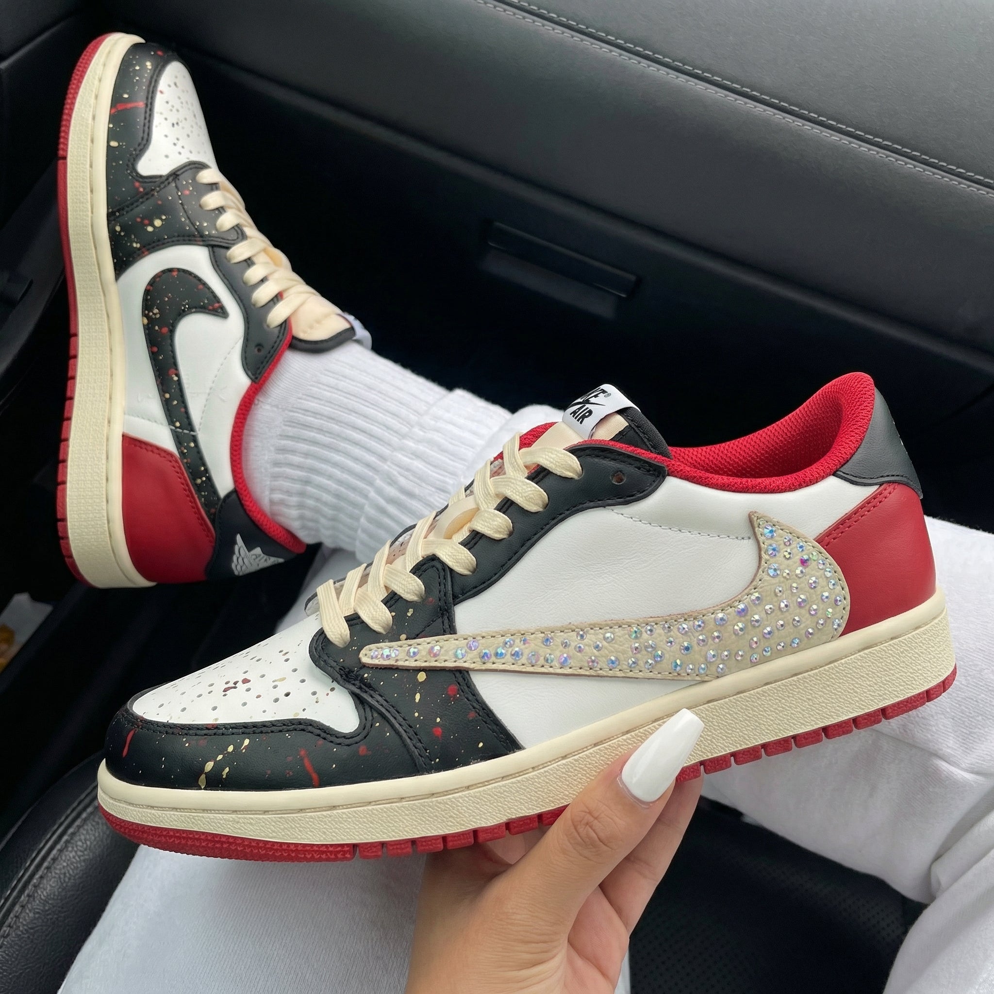 Red Black White Rhinestone Travis Scott Custom Air Jordan 1-shecustomize
