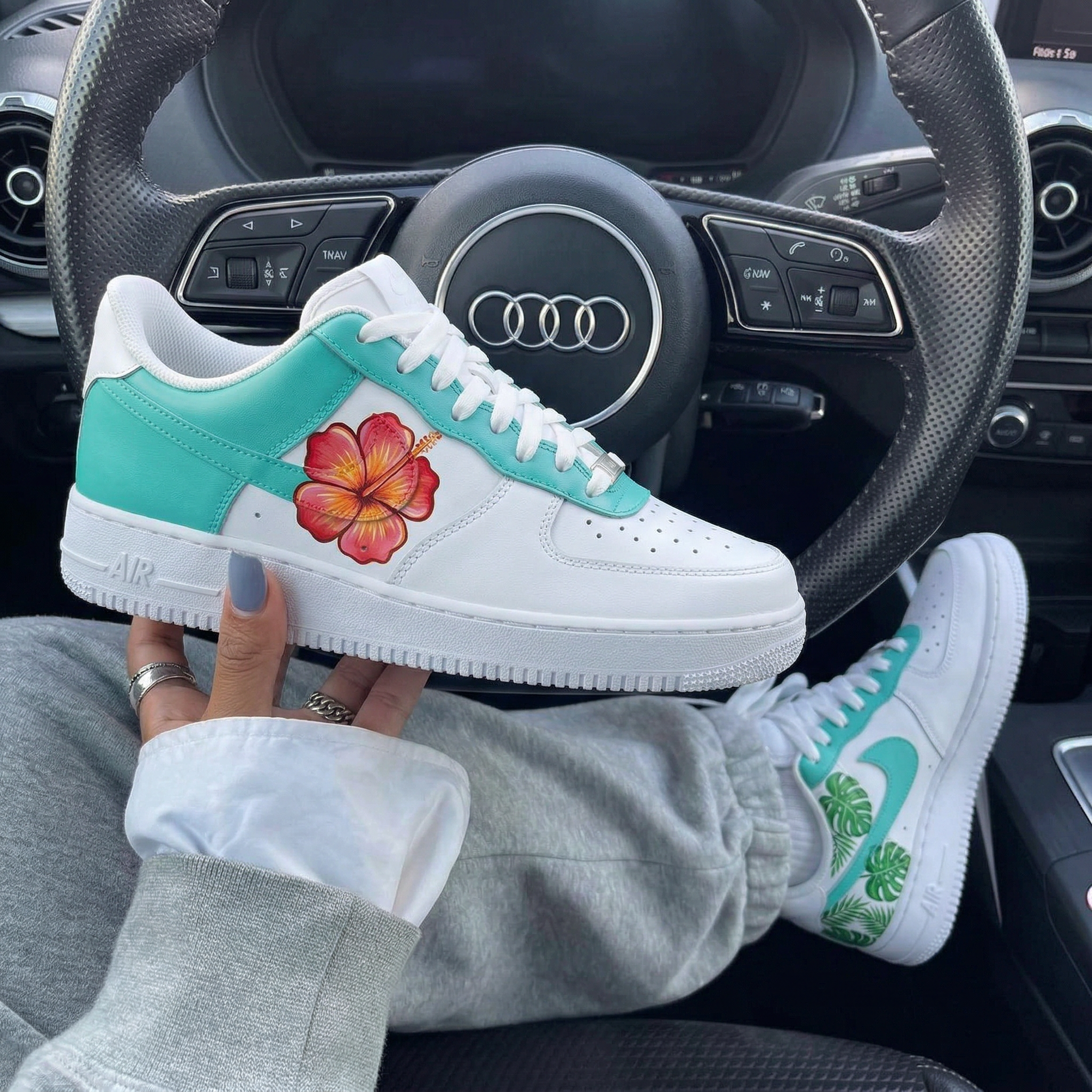 Teal With Hibiscus Flower Monstera Leaves Custom Air Force 1-shecustomize
