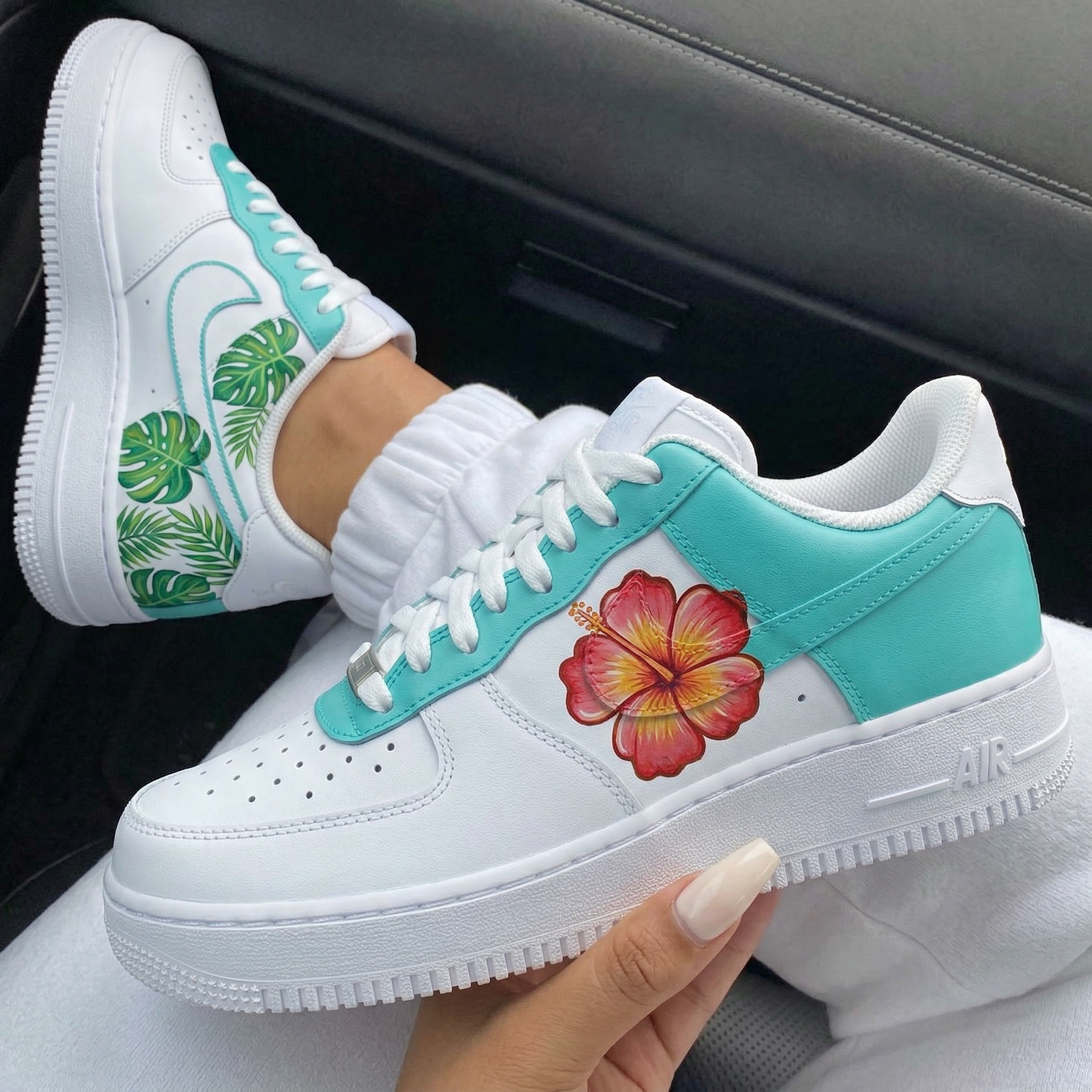 Teal With Hibiscus Flower Monstera Leaves Custom Air Force 1-shecustomize