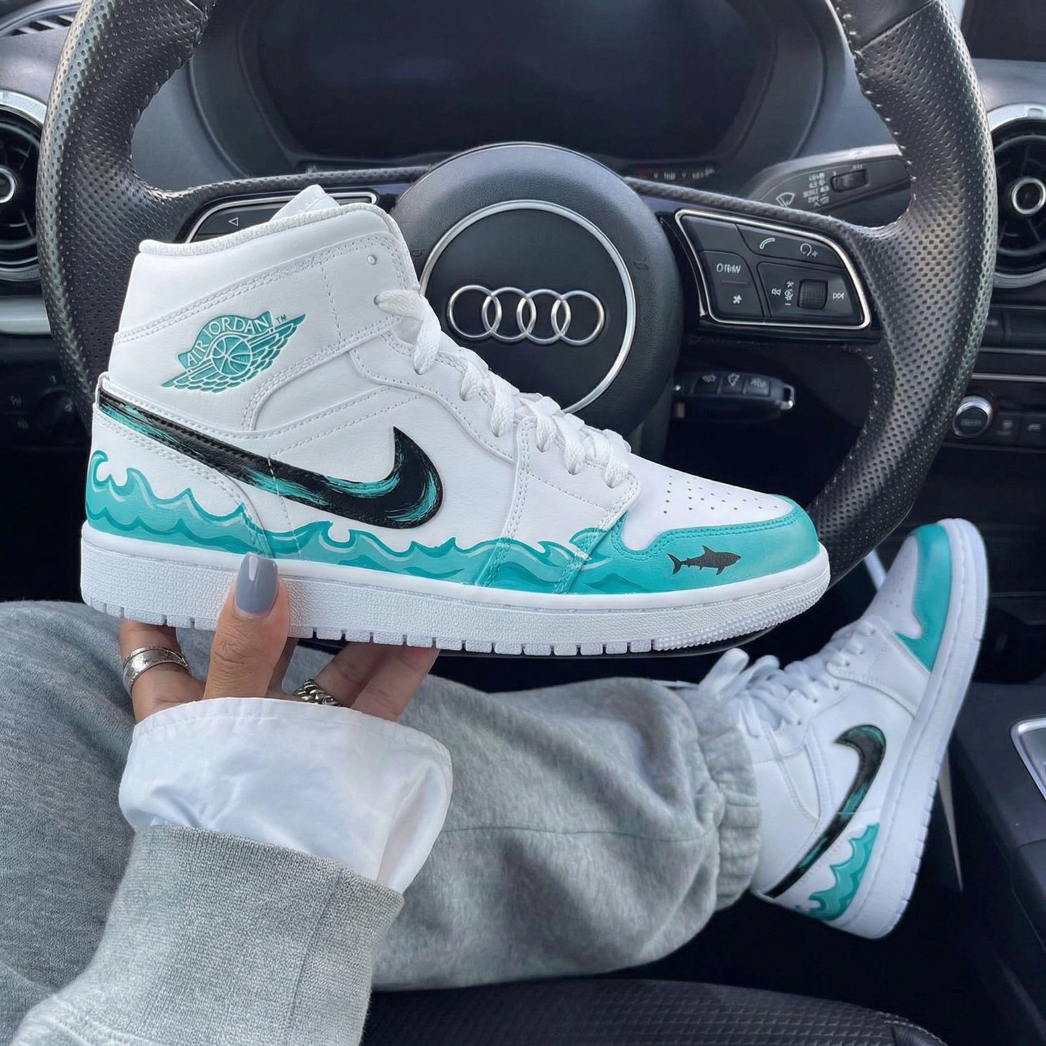 Turquoise Black Shark Waves Custom Air Jordan 1-shecustomize