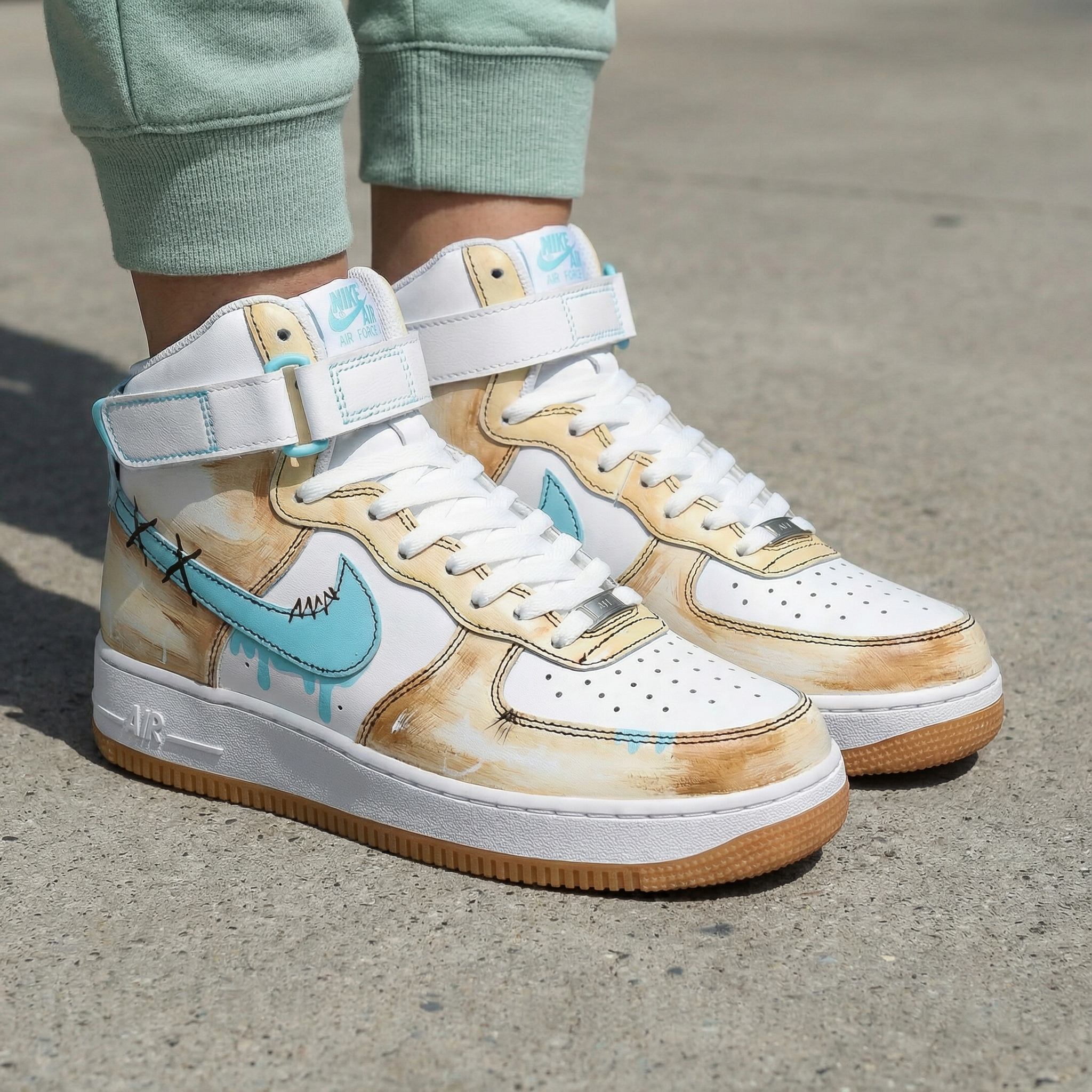 Turquoise Tan Stitched Custom Air Force 1-shecustomize