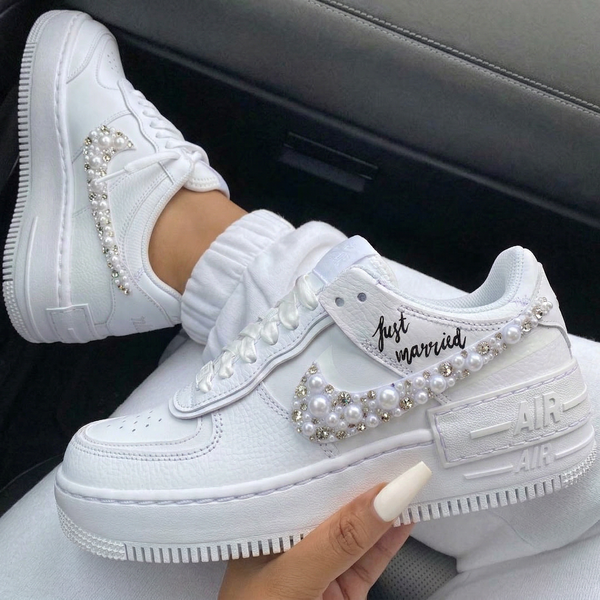 Weeding Just Married Pearls Rhinestones Custom Air Force 1 Shadow-shecustomize