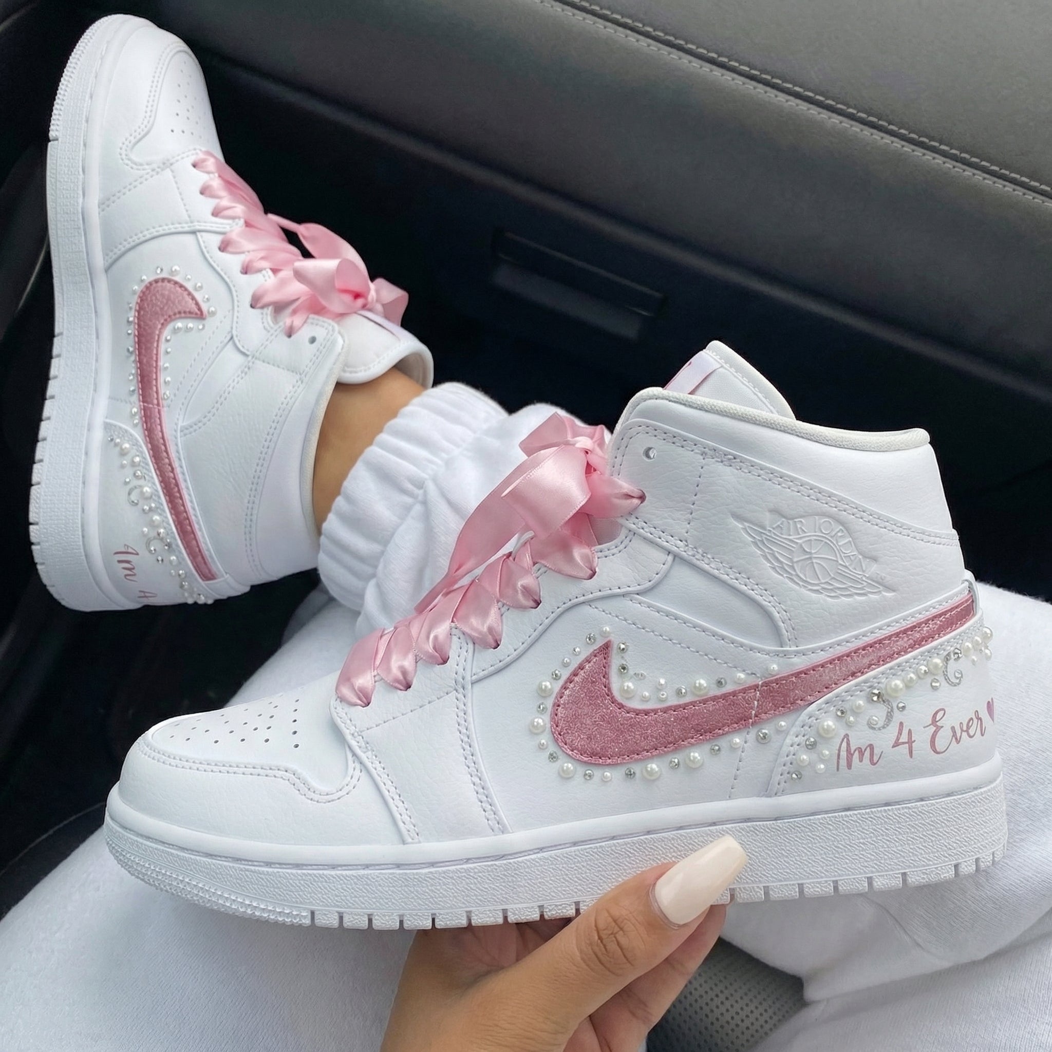 White & Baby Pink Pearls Ribbon Laces Custom Air Jordan 1-shecustomize