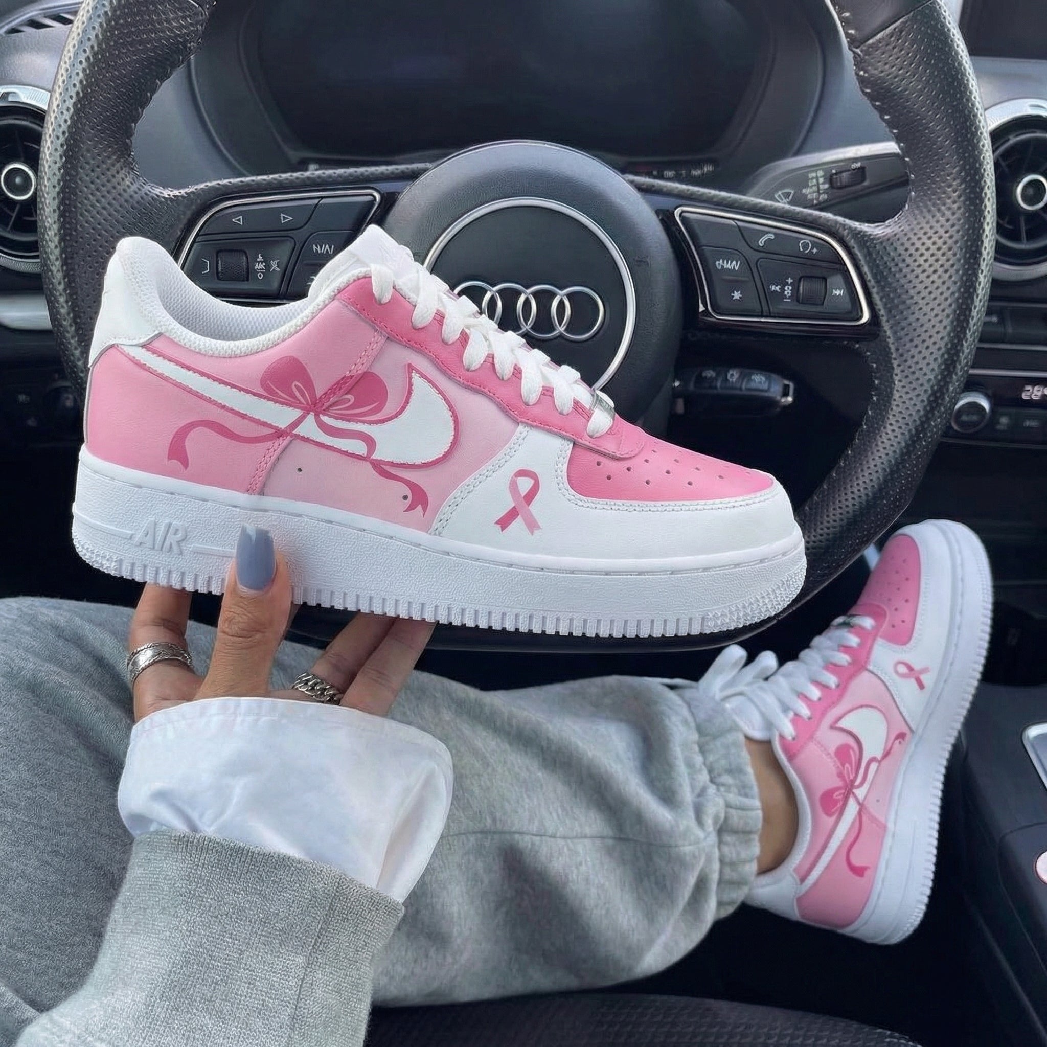 White And Baby Pink Bow Ribbon And Pink Ribbon Custom Air Force 1-shecustomize