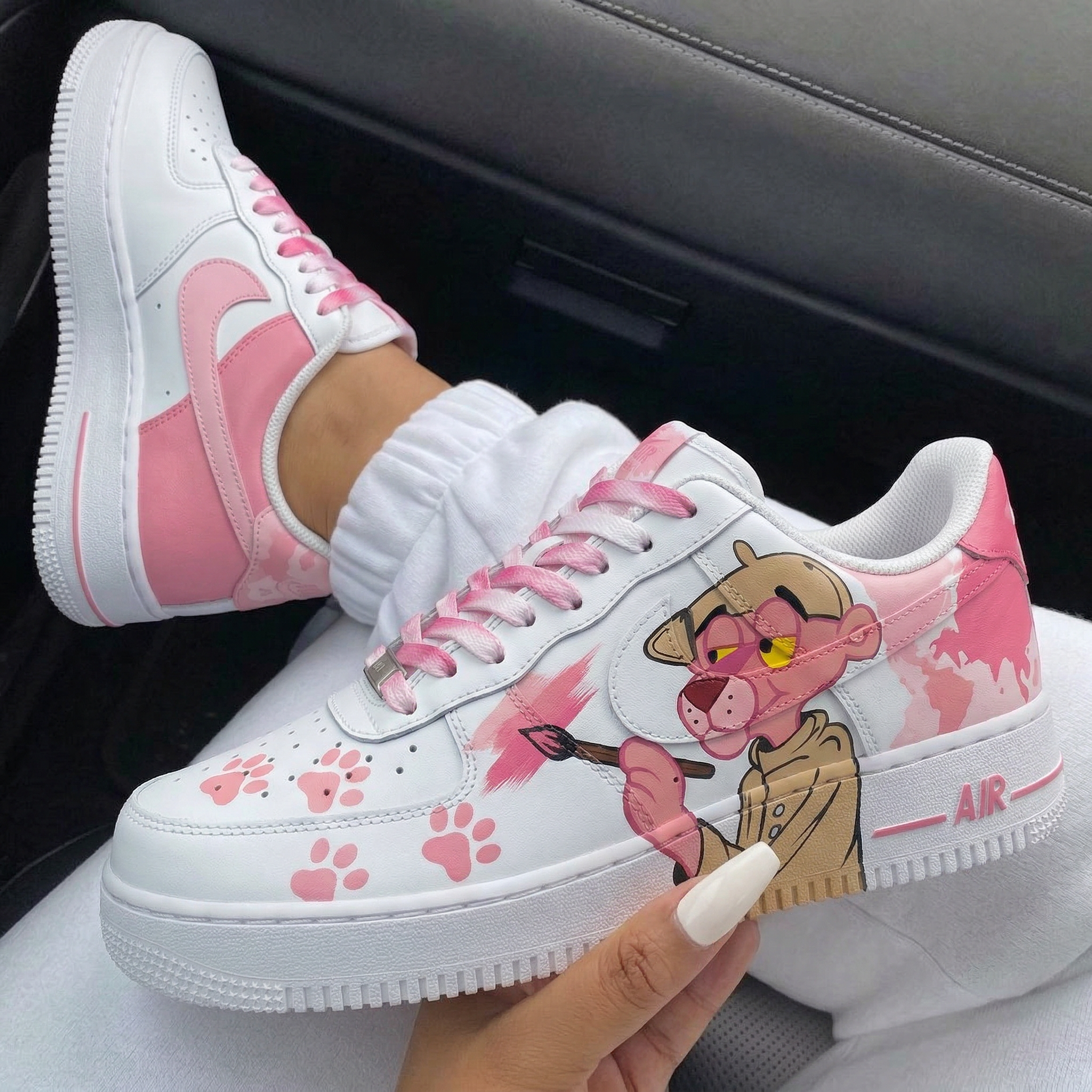 White And Baby Pink Panther Paw Prints Custom Air Force 1-shecustomize