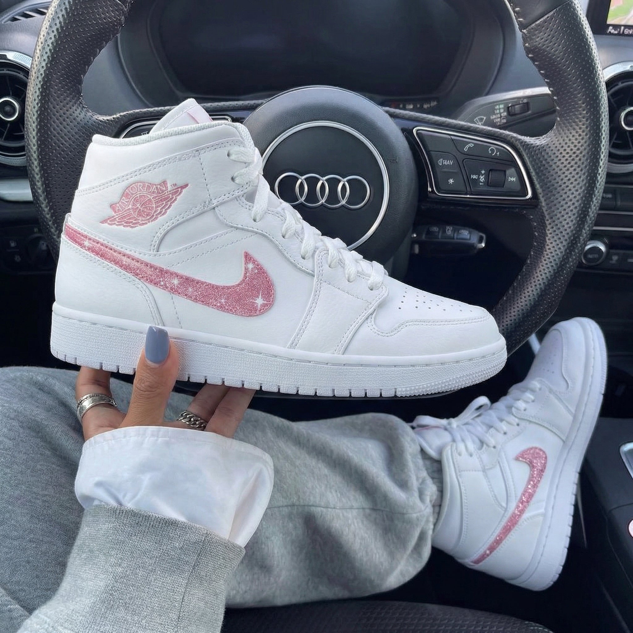 White Baby Pink Glitter Custom Air Jordan 1-shecustomize
