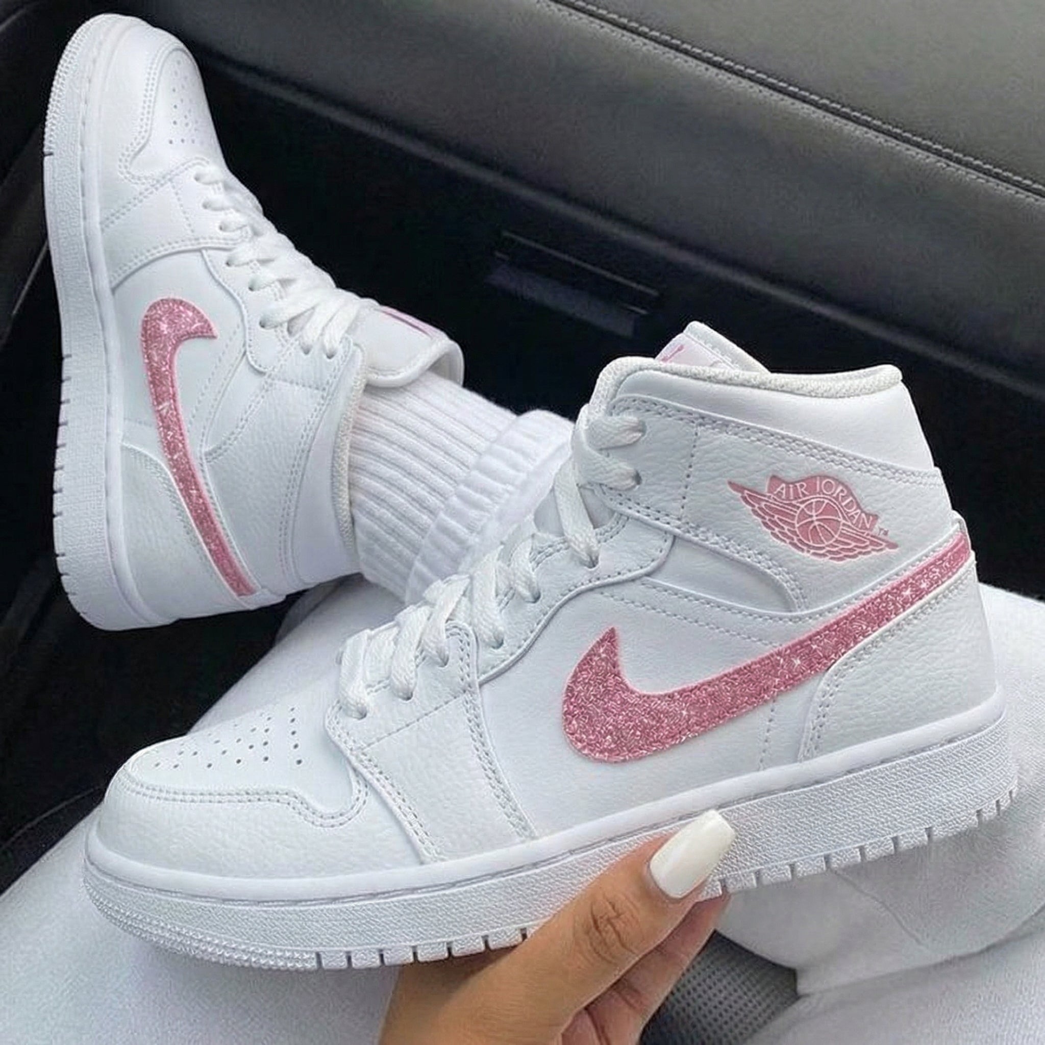 White Baby Pink Glitter Custom Air Jordan 1-shecustomize