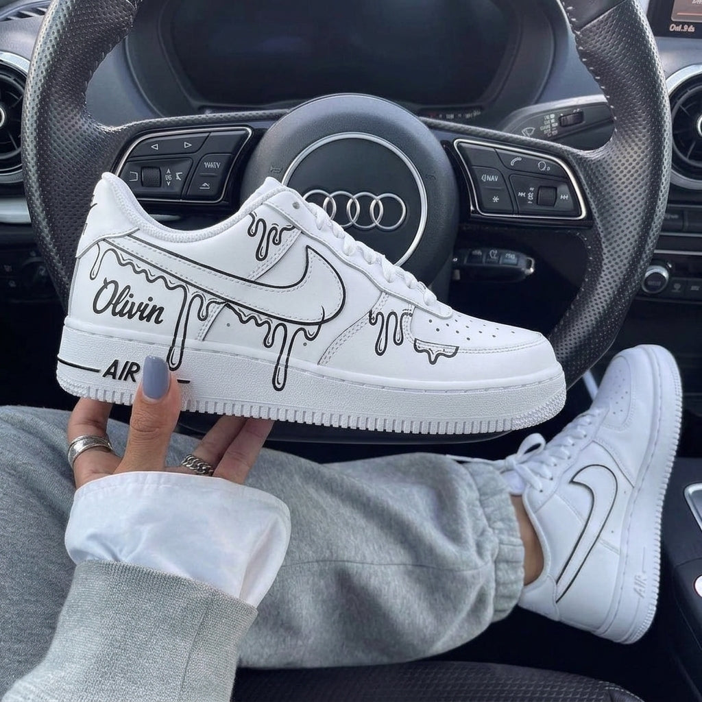 White Black Drip & Script Custom Air Force 1-shecustomize