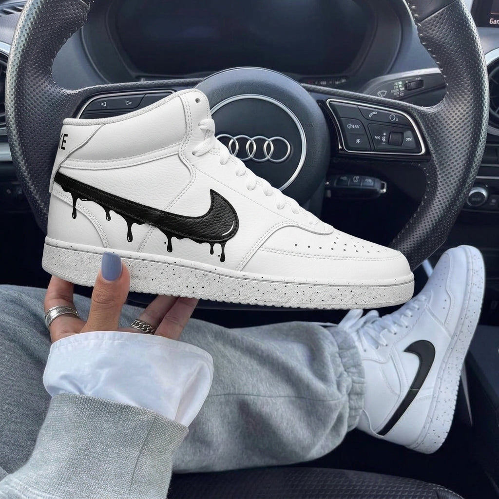 White Black Drip Swoosh Speckled Custom Nike Court Vision Mid