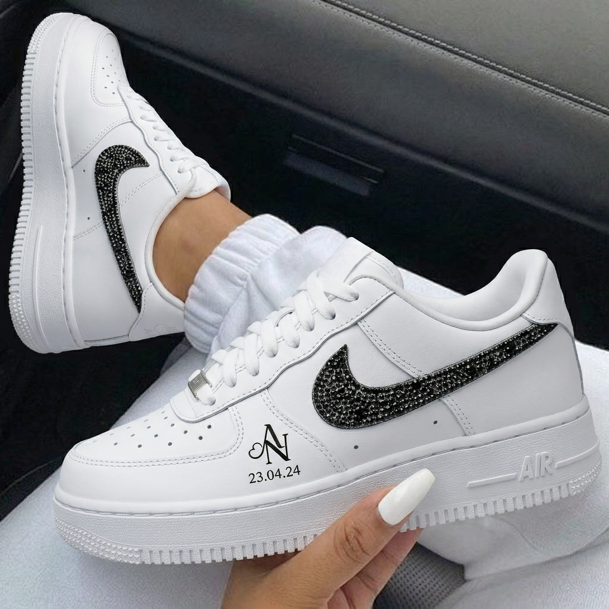 White Black Rhinestone Swoosh Monogram Date Custom Air Force 1-shecustomize