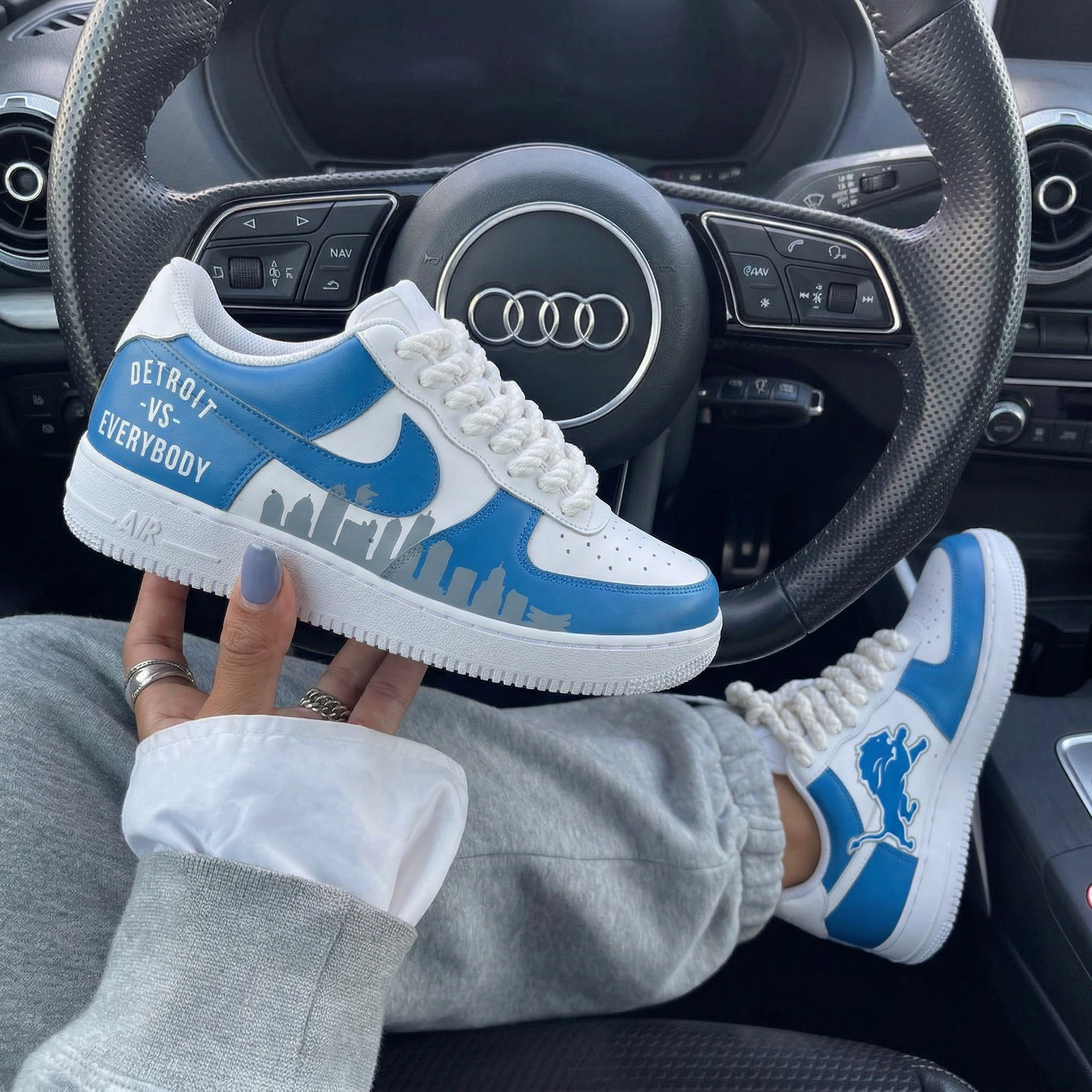 White Blue Detroit Vs Everybody Lion Skyline Custom Air Force 1-shecustomize