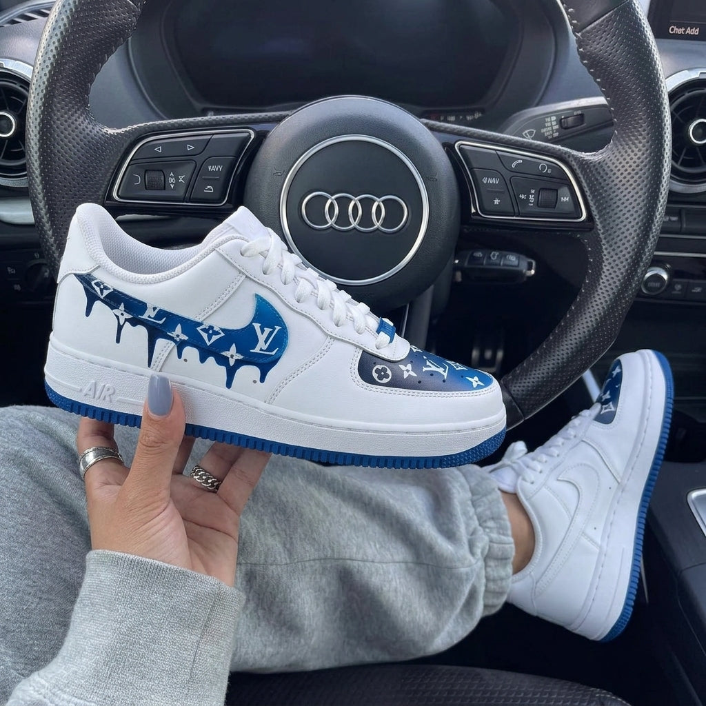 White Blue LV Drip Custom Air Force 1-shecustomize