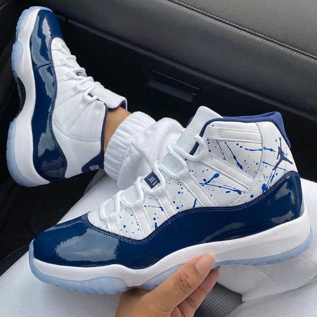 White Blue Splatter Retro Unc Win Custom Air Jordan 11-shecustomize