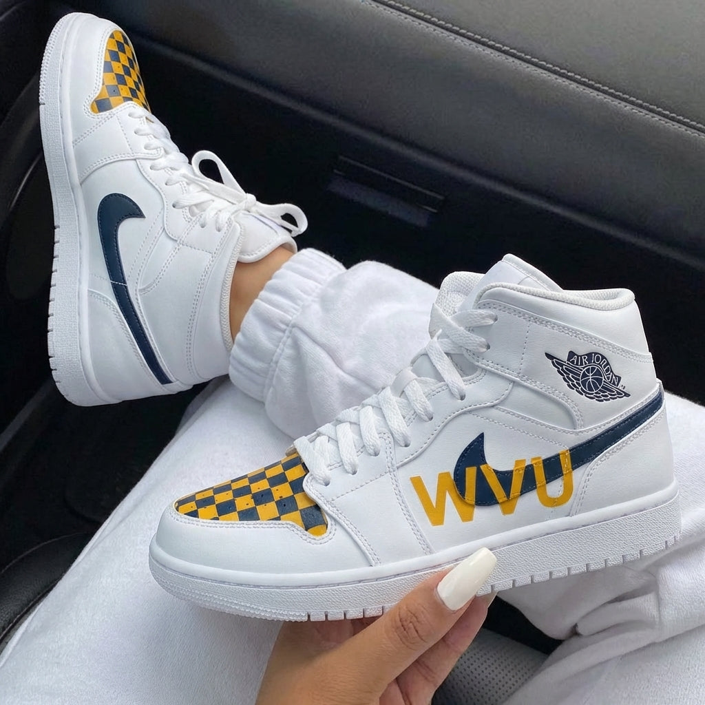 Yellow Navy Blue Checkerboard WVU Lettering Custom Air Jordan 1-shecustomize