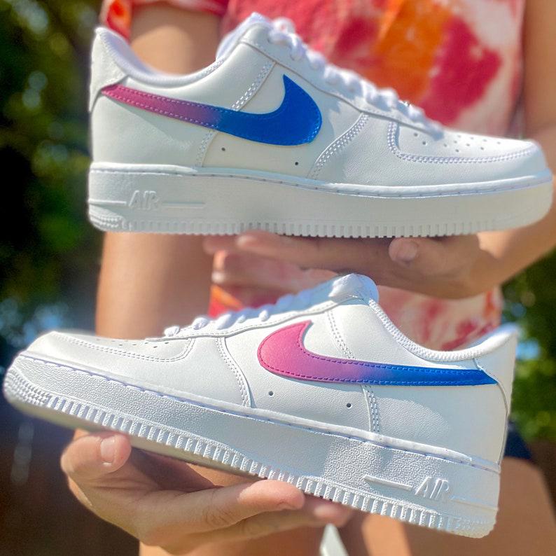 Custom Blue Pink Gradient Nike Air Force Ones Swoosh-shecustomize