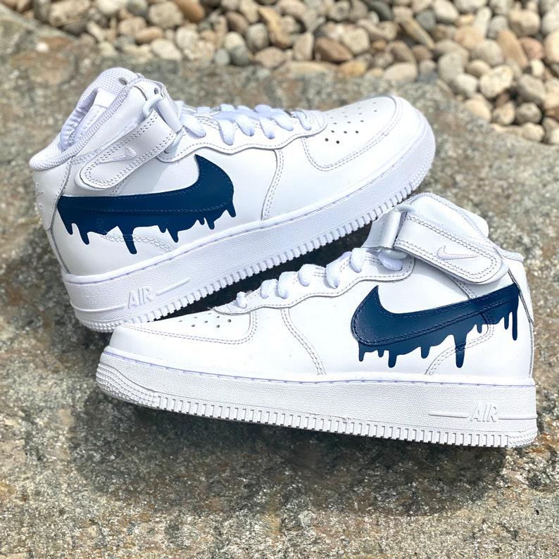 Custom Dark Blue Nike Drip Air Force Ones-shecustomize