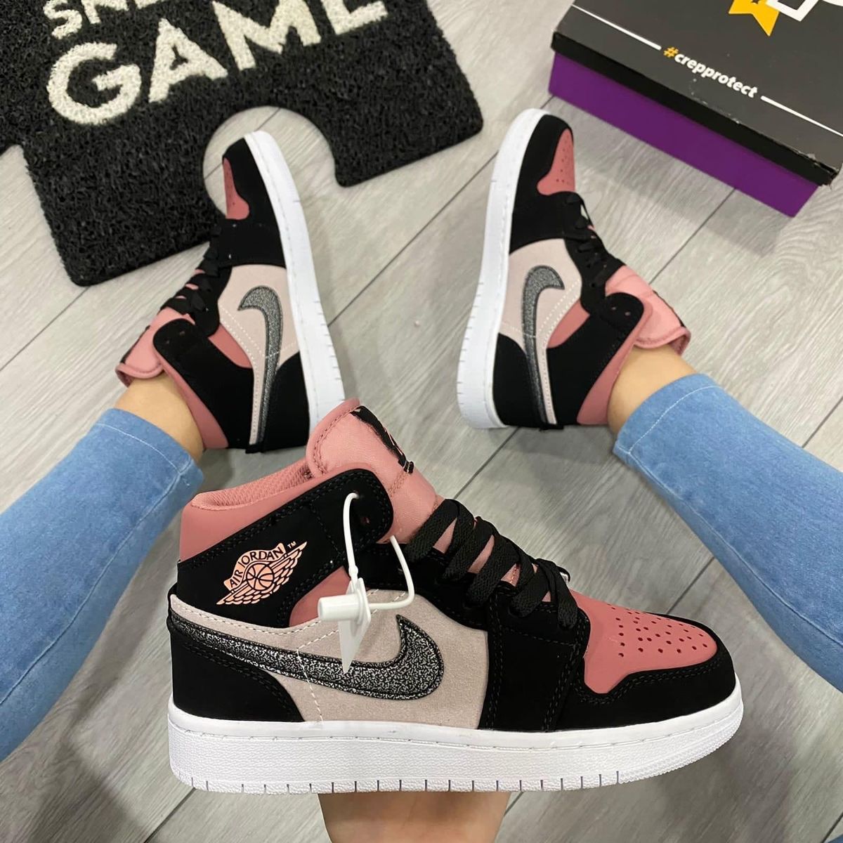 Black pink custom Air Jordan 1 Mid sneakers with silver glitter Swoosh