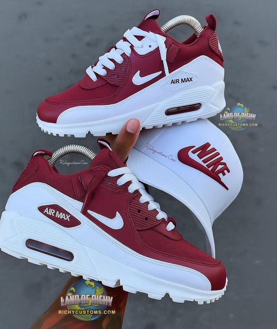 Burgundy White Hand Painted Custom Air Max 90 Sneakers-shecustomize