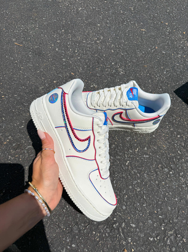 Hand Painted Red Blue Rhinestone Custom Air Force 1 Sneakers-shecustomize
