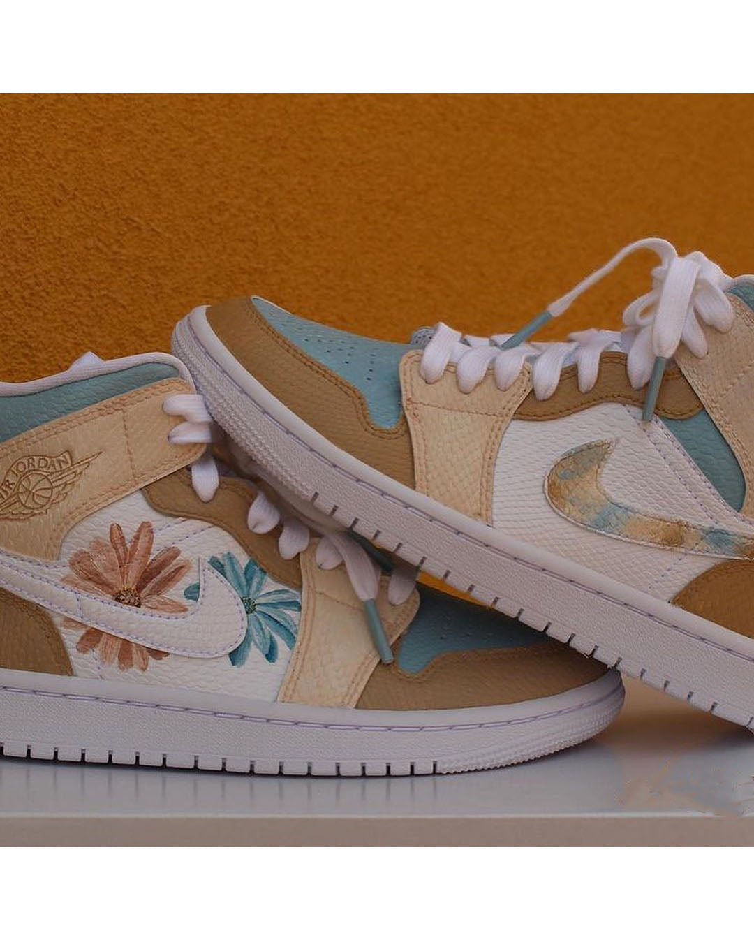 Custom Jordans Brown Blue Hand Drawn Flowers