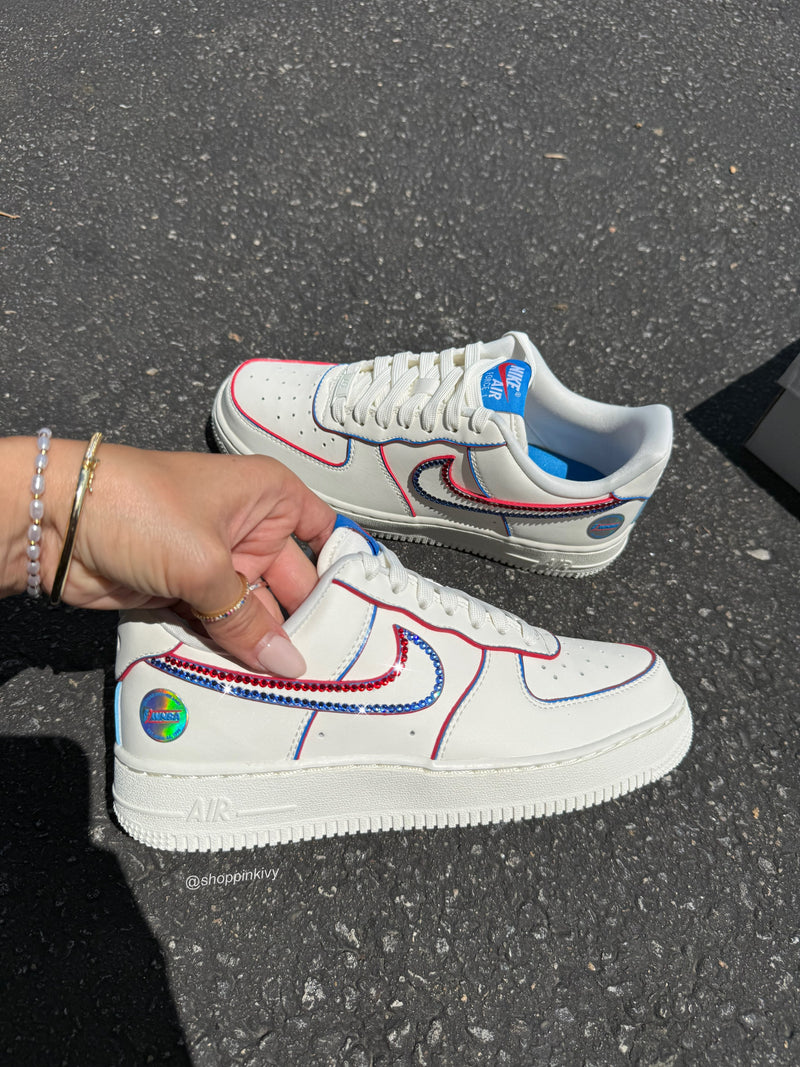 Hand Painted Red Blue Rhinestone Custom Air Force 1 Sneakers-shecustomize