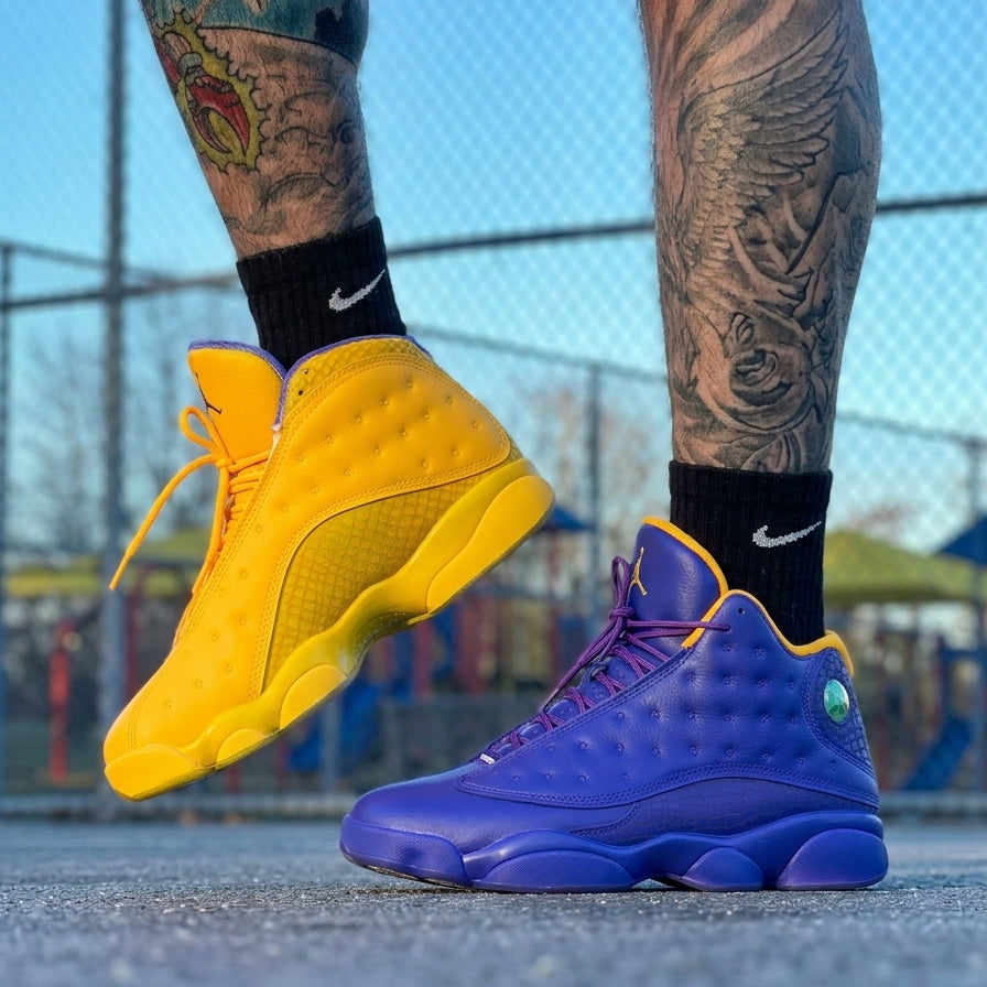 Lakers Yellow Purple Custom Air Jordan 13 Sneakers