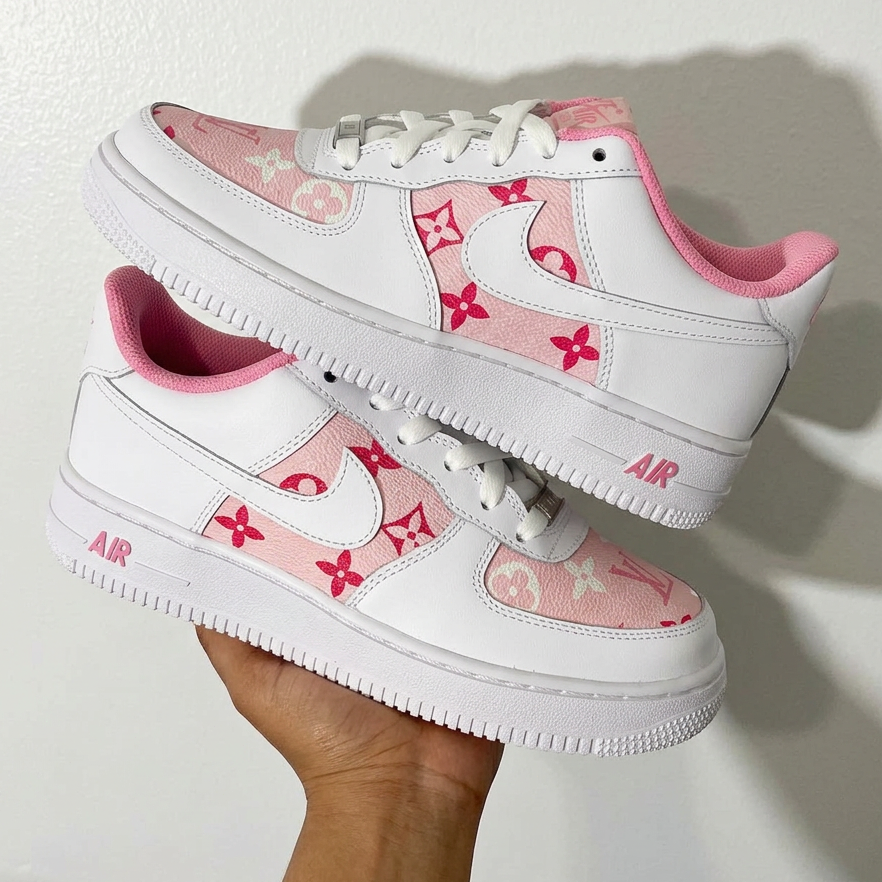 Pink LV Monogram Inspired Custom Air Force 1 Hand Painted Sneakers-shecustomize
